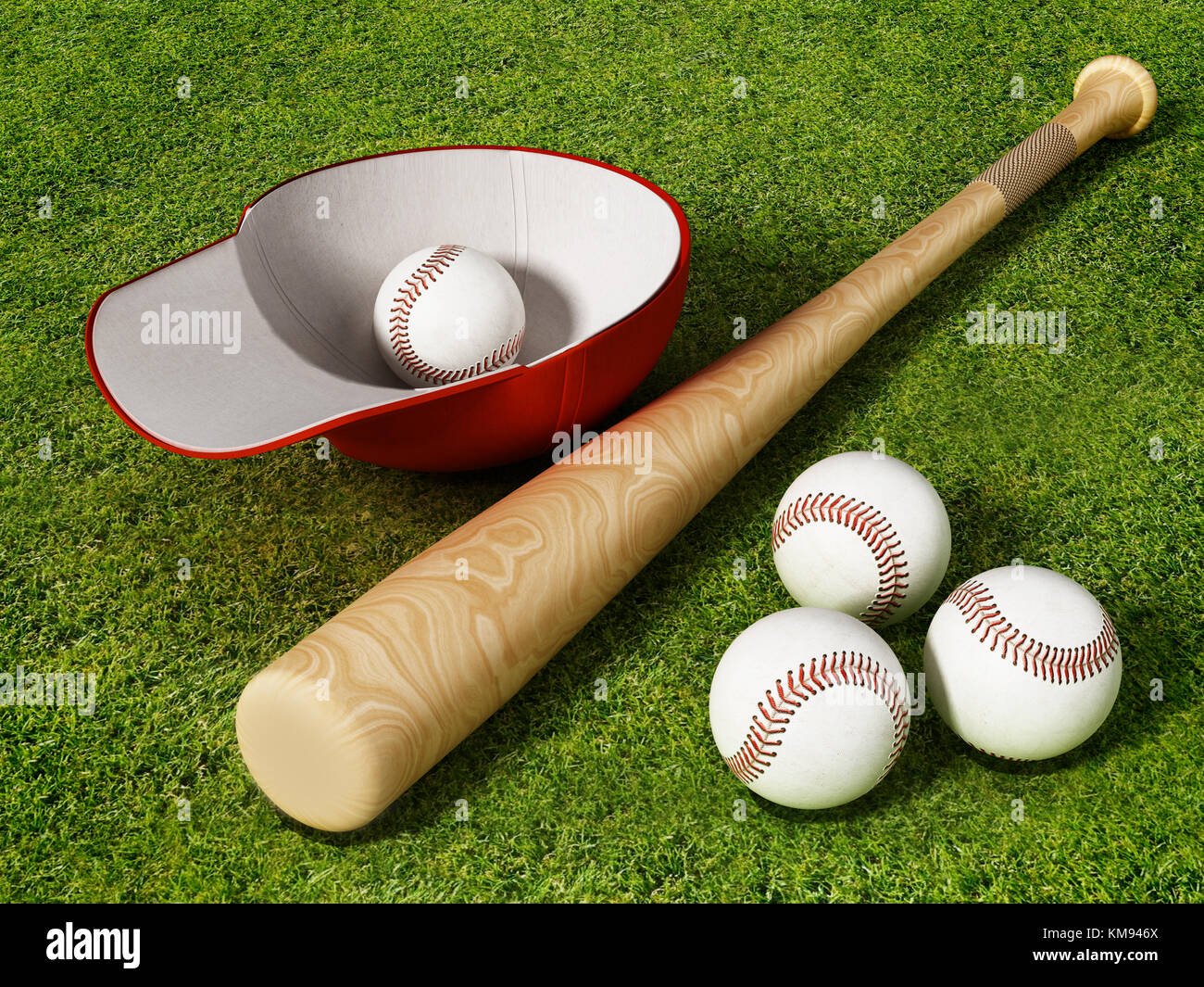 Baseball Cap, Ball und Schläger auf einer Rasenfläche. 3D-Darstellung. Stockfoto