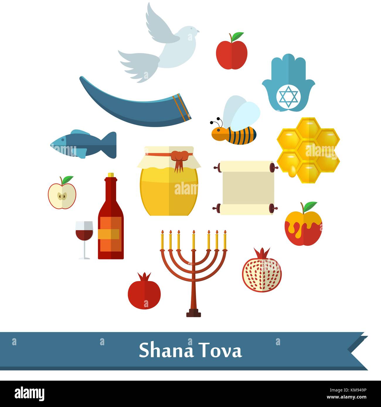 Rosch Haschanah Shana Tova Oder Das Judische Neue Jahr Flachbild Vector Icons Mit Honig Apfel Fisch Biene Flasche Thora Und Andere Traditionelle Elemente In Runden S Stock Vektorgrafik Alamy