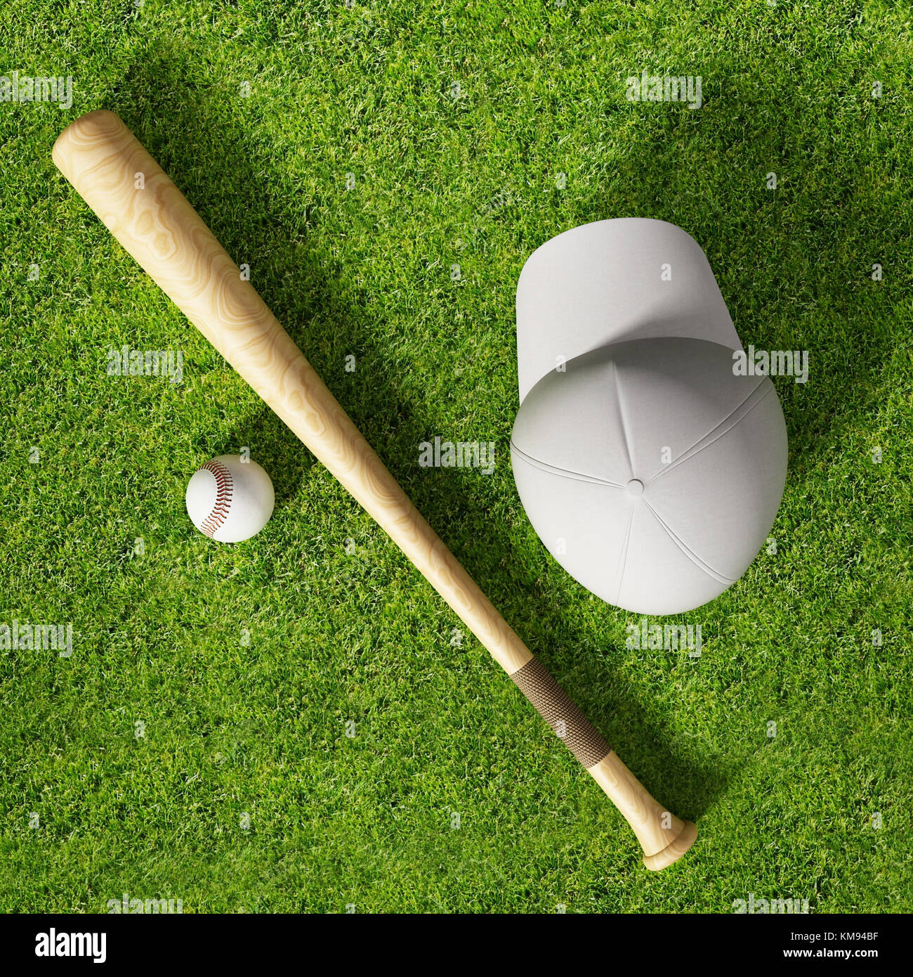 Baseball Cap, Ball und Schläger auf einer Rasenfläche. 3D-Darstellung. Stockfoto