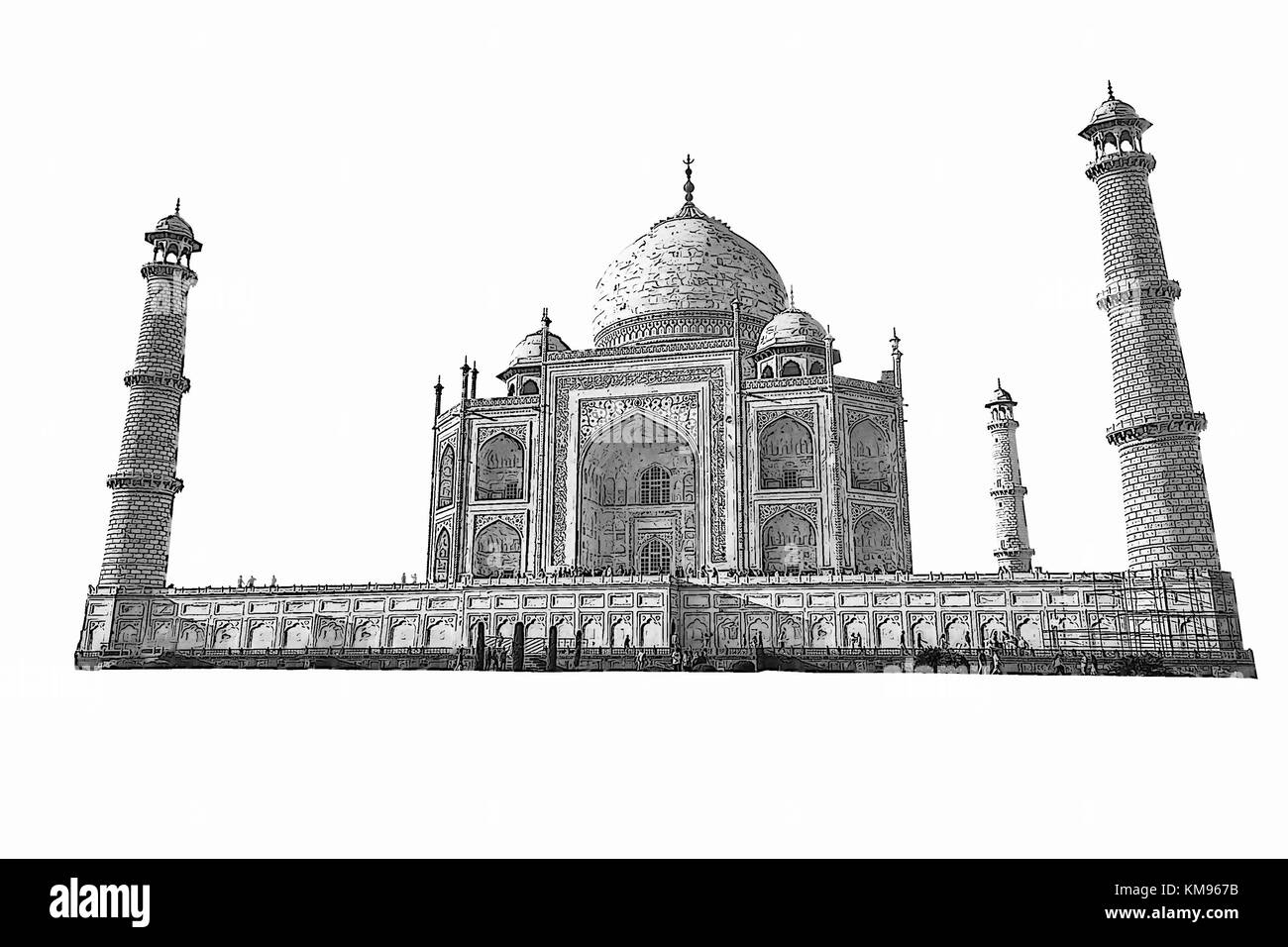 Taj Mahal Indien schwarz-weiß illustration Skizze Kunst auf weißem Hintergrund Stockfoto