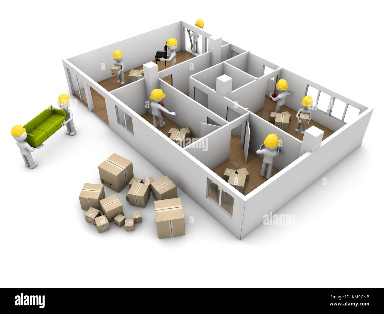 Haus bewegen und Reform-Konzept: eine Gruppe von Arbeitern mit Möbel und Sanierung eines Hauses isoliert auf weißem Hintergrund Stockfoto