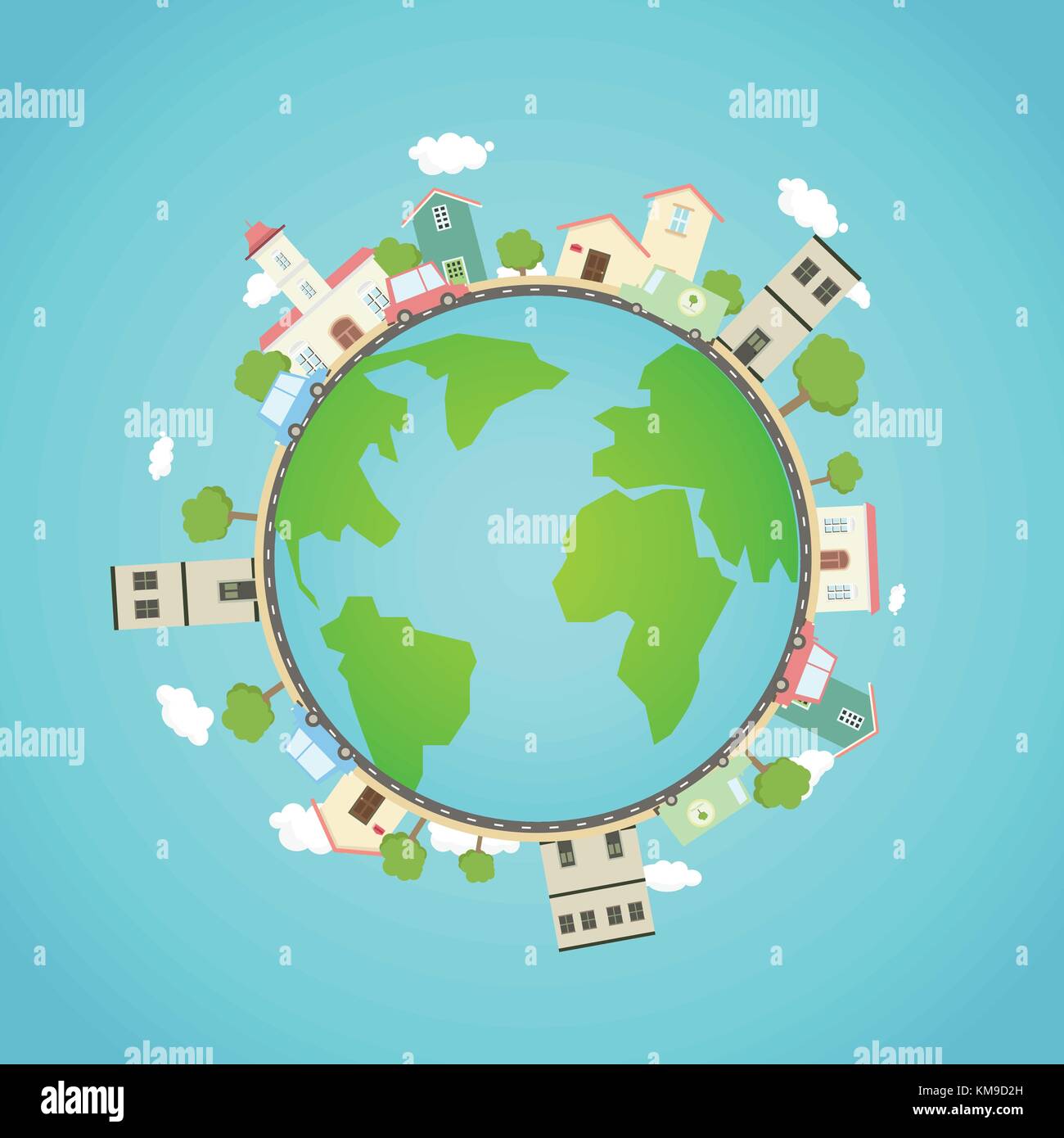 Erde mit Stadt, Park, Autos. Fantasy Welt mit Stadt um. schöne Erde mit Eco City Konzept. Fahren sie auf der ganzen Welt. Vector Illustration Stock Vektor