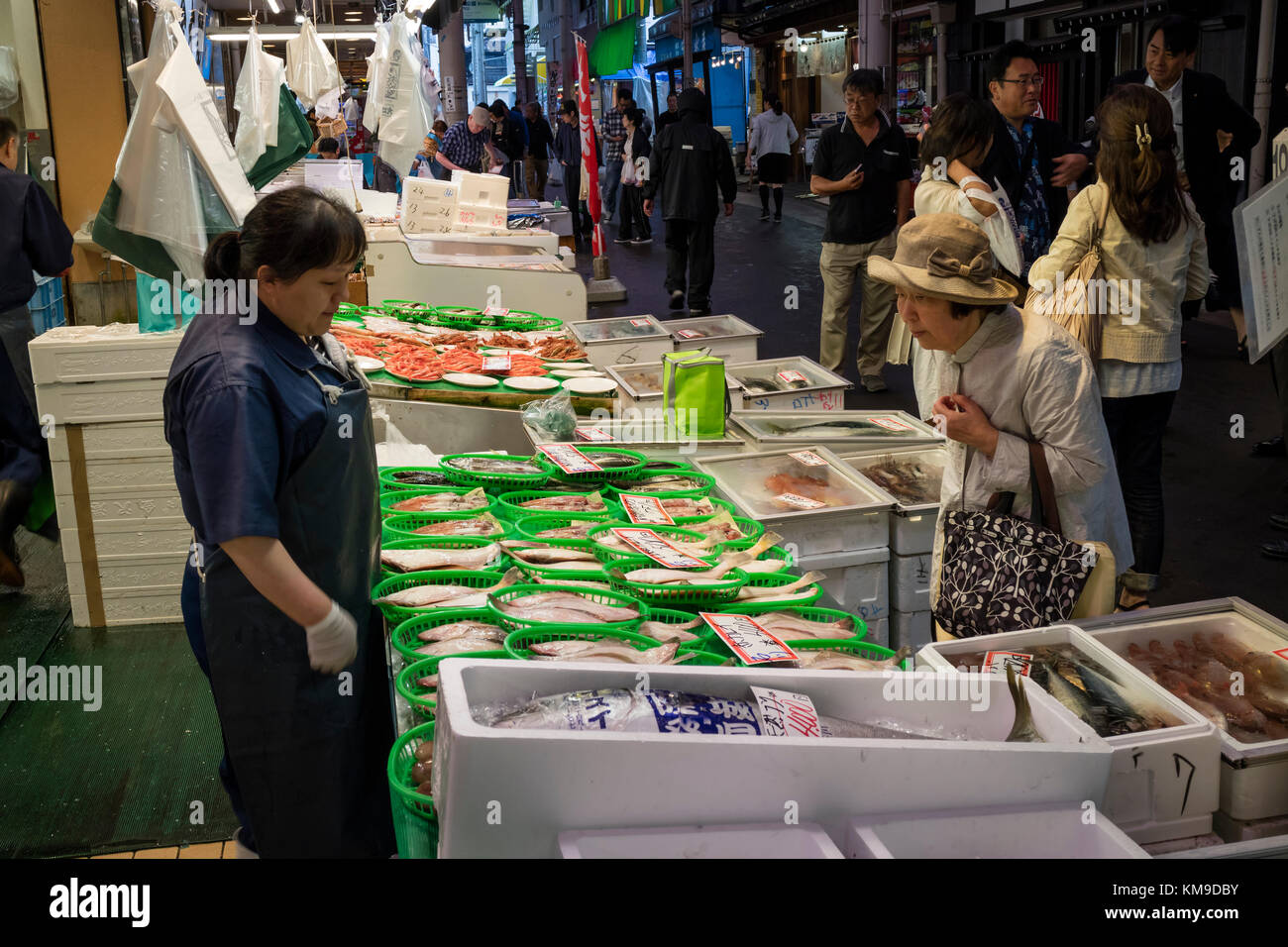 Kanazawa, Japan, 8. Juni 2017: Vielfalt an frischem Fisch und Meeresfrüchten für Verkauf an den Omicho Markt Stockfoto