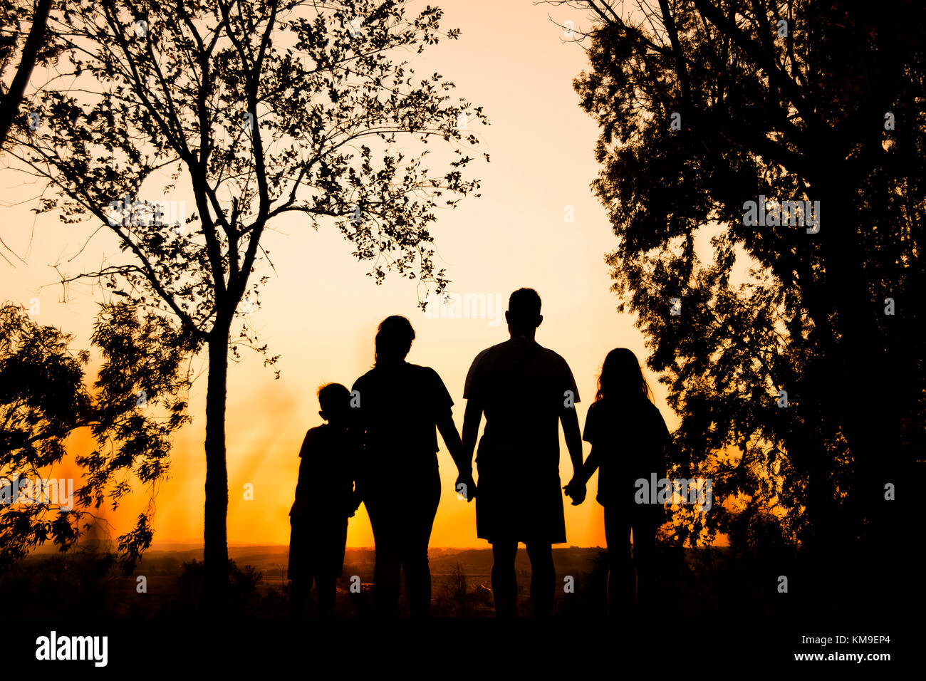 Silhouette einer Familie mit zwei Kindern, das Hände bei Sonnenuntergang Stockfoto