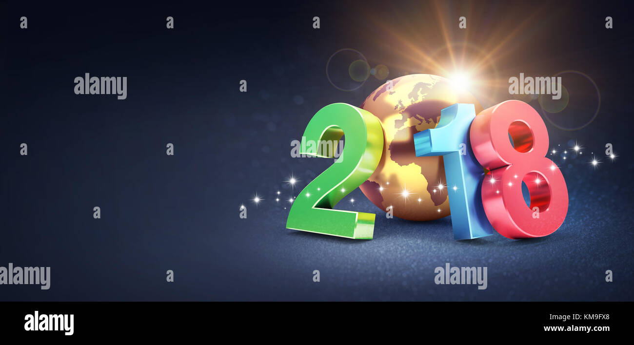 Buntes neues Jahr Datum 2018, komponiert mit einem gold Planet Erde, auf einem glitzernden schwarzen Hintergrund - 3D-Darstellung Stockfoto