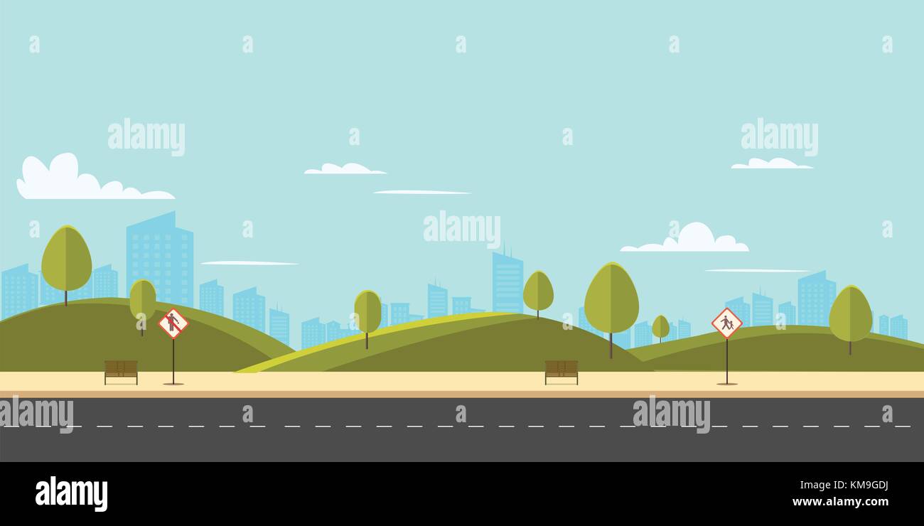 Straße in öffentlichen Park mit Natur Landschaft und Gebäude Hintergrund Vector Illustration. Main street Szene mit öffentlichen Zeichen Vektor. City street mit Sky Stock Vektor
