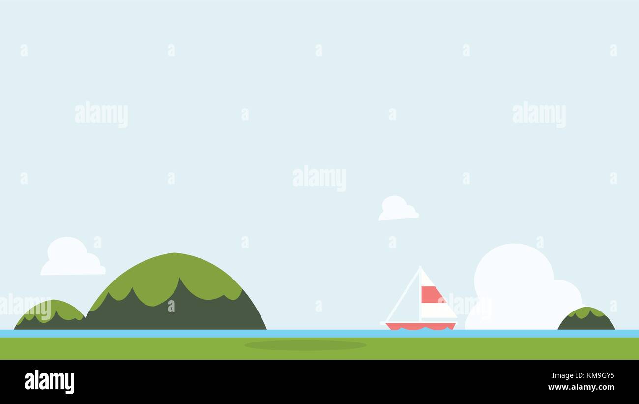 Flache Natur Landschaft mit Segelboot und Himmel Hintergrund Vector Illustration. meereslandschaft mit grünen Bergen und Hintergrund. tropische Meer Asien anzeigen. Stock Vektor