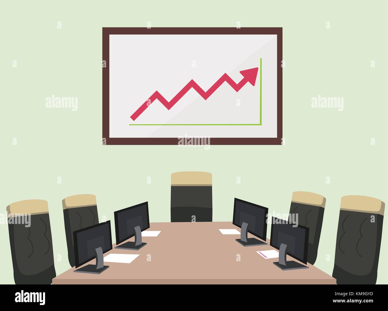 Tagungsraum mit Computer, Papier, Stuhl und statischen Graph. Vector Illustration. Business Zimmer für Treffen. Stock Vektor