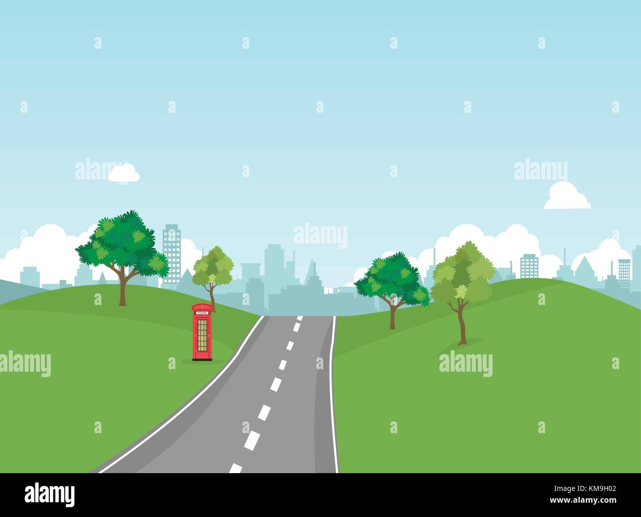 Straße in öffentlichen Park mit Natur Landschaft und Gebäude Hintergrund Vector Illustration. main street scene Vektor. Weg zu Stadt und Natur um. Stock Vektor