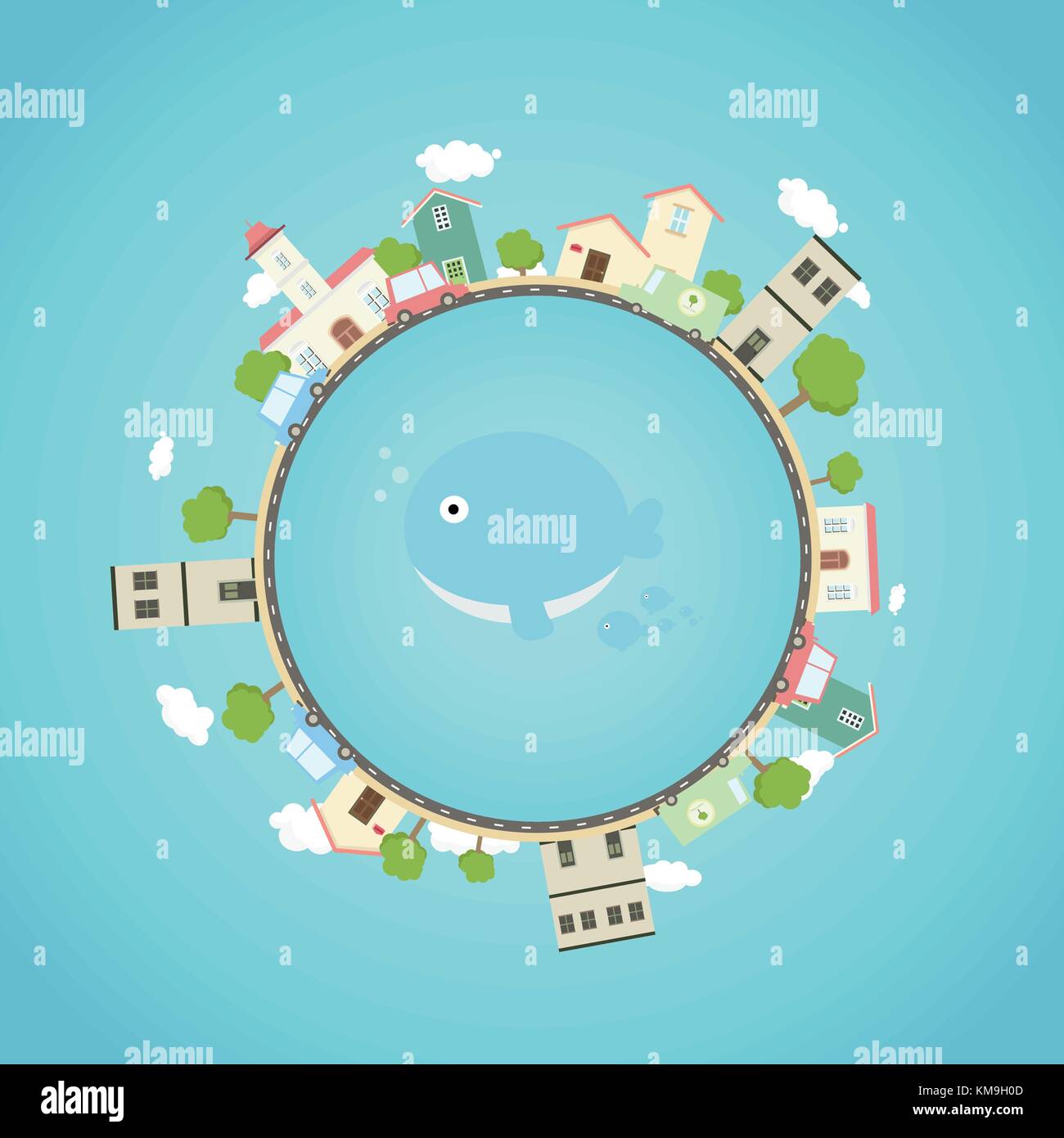 Erde mit Stadt, Park, Autos und netten Wal in der Mitte. Fantasy Welt mit Stadt um. schöne Erde mit Eco City Konzept. Fahren Sie auf der Glo Stock Vektor