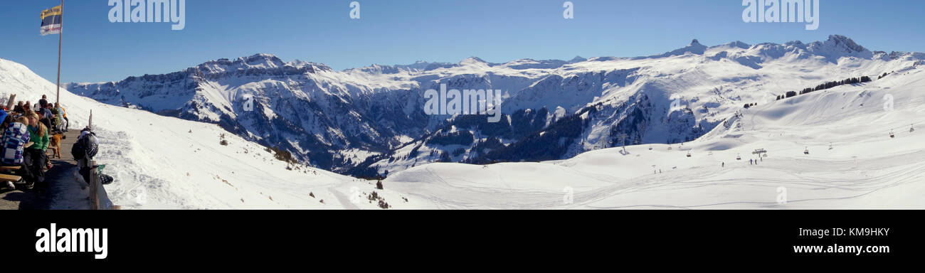 Winter in Flumserberg, Maschgenkamm, Tannenbodenalp, Panorama, Schweizer Alpen, St. Gallen, Schweiz Stockfoto