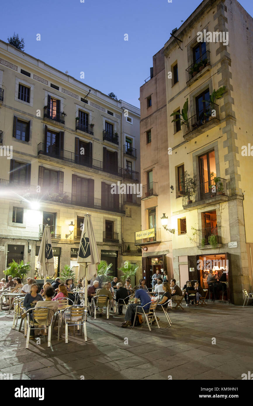 Plaza de Santa Maria Straße Cafés am Abend La Ribera Barcelona Stockfoto