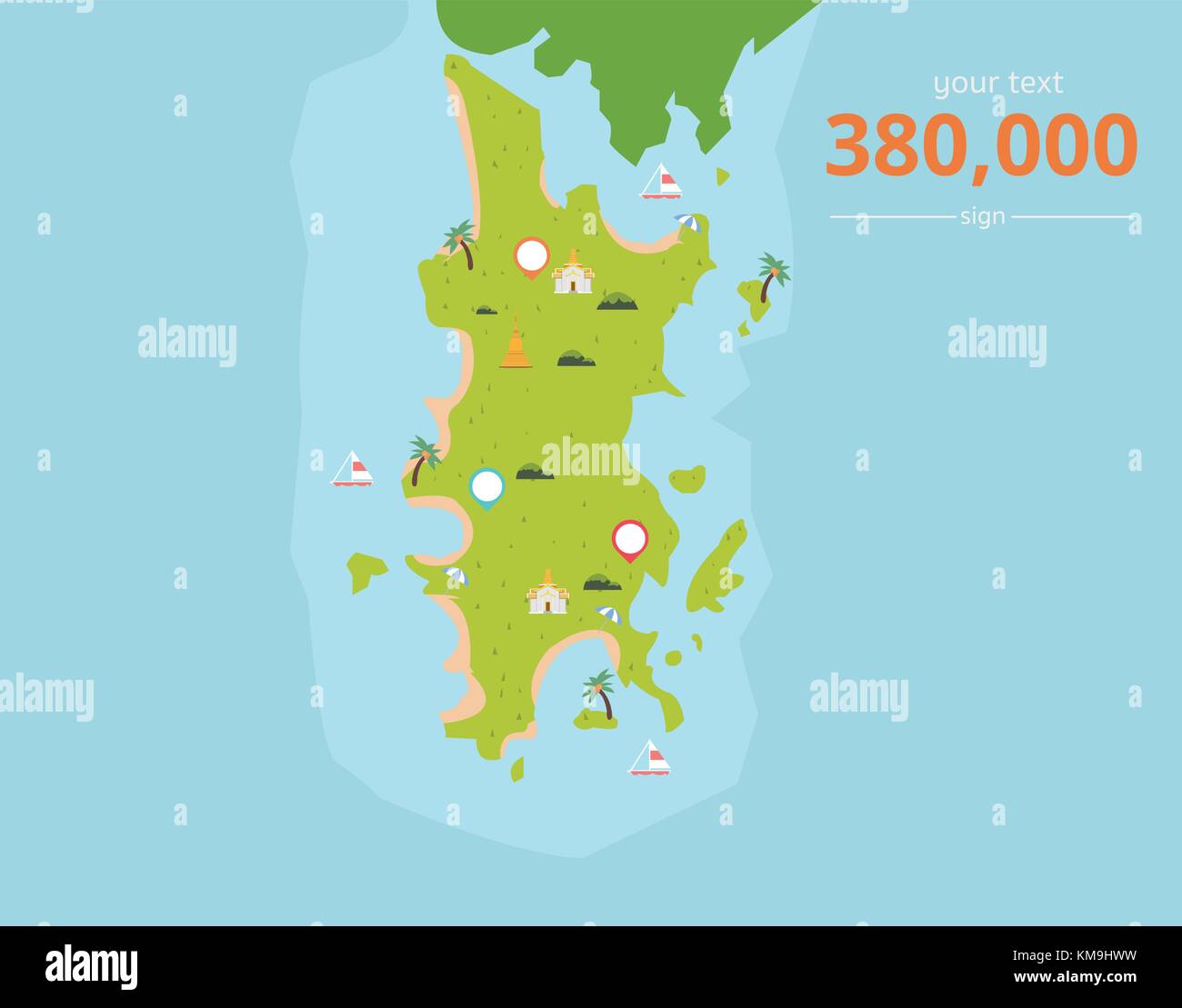 Thailand tropische Inseln mit Kultur Symbole und Text Vector Illustration. Die Insel Phuket in Thailand. Karte der Insel in Asien. Stock Vektor