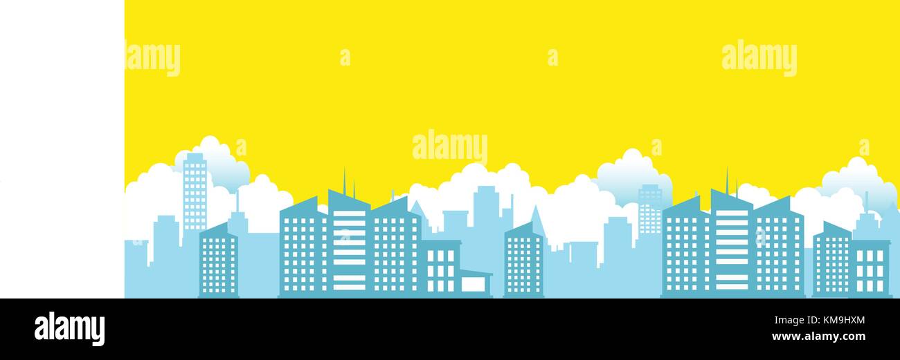Stadtbild mit Wolken und gelben Himmel Hintergrund Vector Illustration. Die wichtigsten Silhouette Gebäude mit gelben Himmel Hintergrund. Landschaft der Stadt Stock Vektor