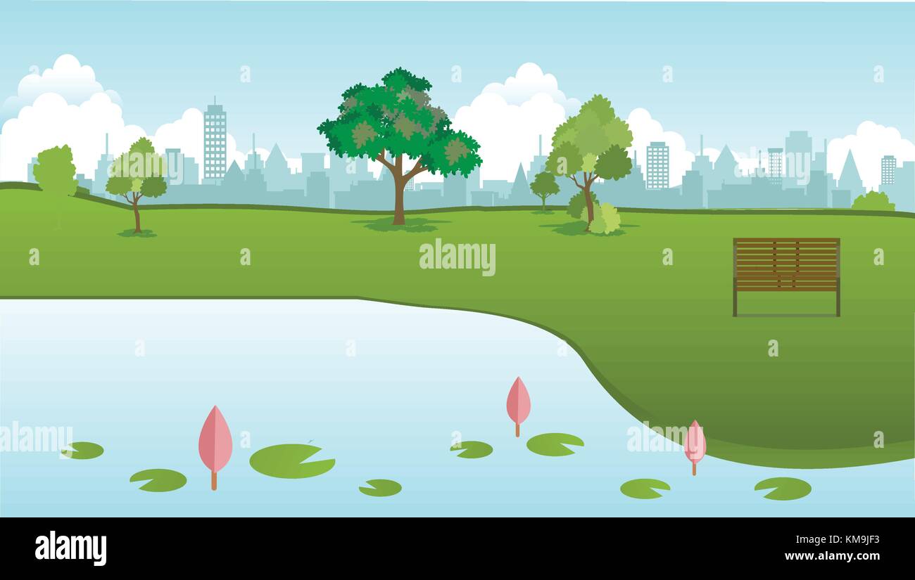 Öffentlicher Park in der Stadt mit Holz Werkbank und Lotus Lake Front Vektor. grünen Rasen, um sich zu entspannen und die Stadt Hintergrund. schönen Frühling Landschaft Natur und Stadt bac Stock Vektor