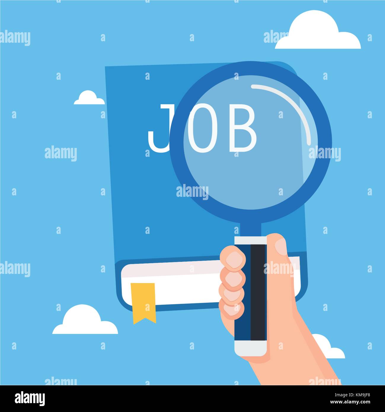 Hand Vergrößerung für Suche Job mit Buch und Himmel Hintergrund. Vector Illustration Stock Vektor