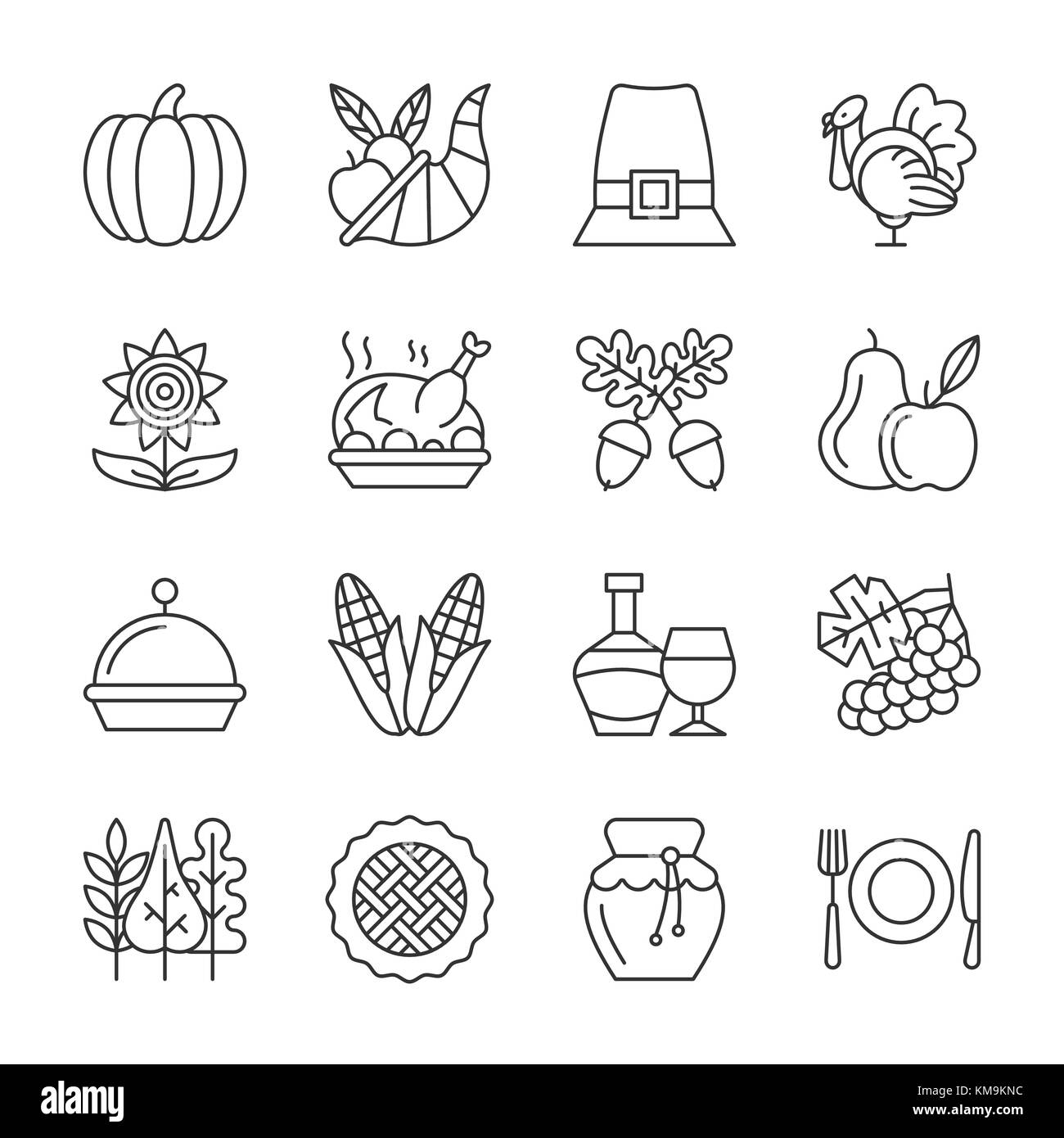 Thanksgiving Day dünne Linie Icon Set. Vector Linear symbol Pack. Umrisse Zeichen ohne füllen. Editierbare Schlaganfall. Einfache Piktogramm Graphische Sammlung. Logo, Stock Vektor