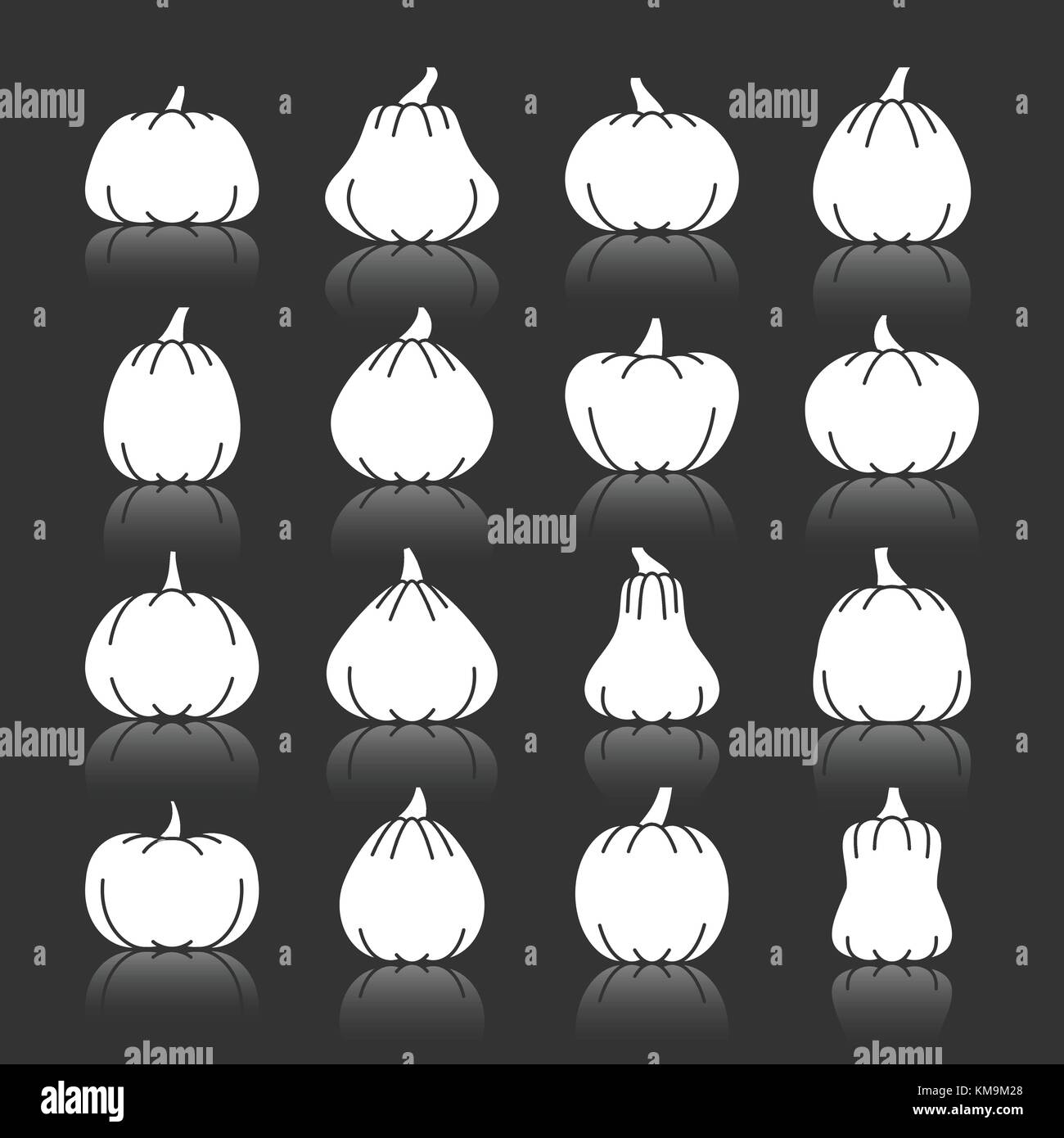 Halloween Kürbis weiße Silhouette mit Reflexion Icon Set. Monochrome flache Design Vector illustration symbol Collection. Einfache grafische Symbol pa Stock Vektor