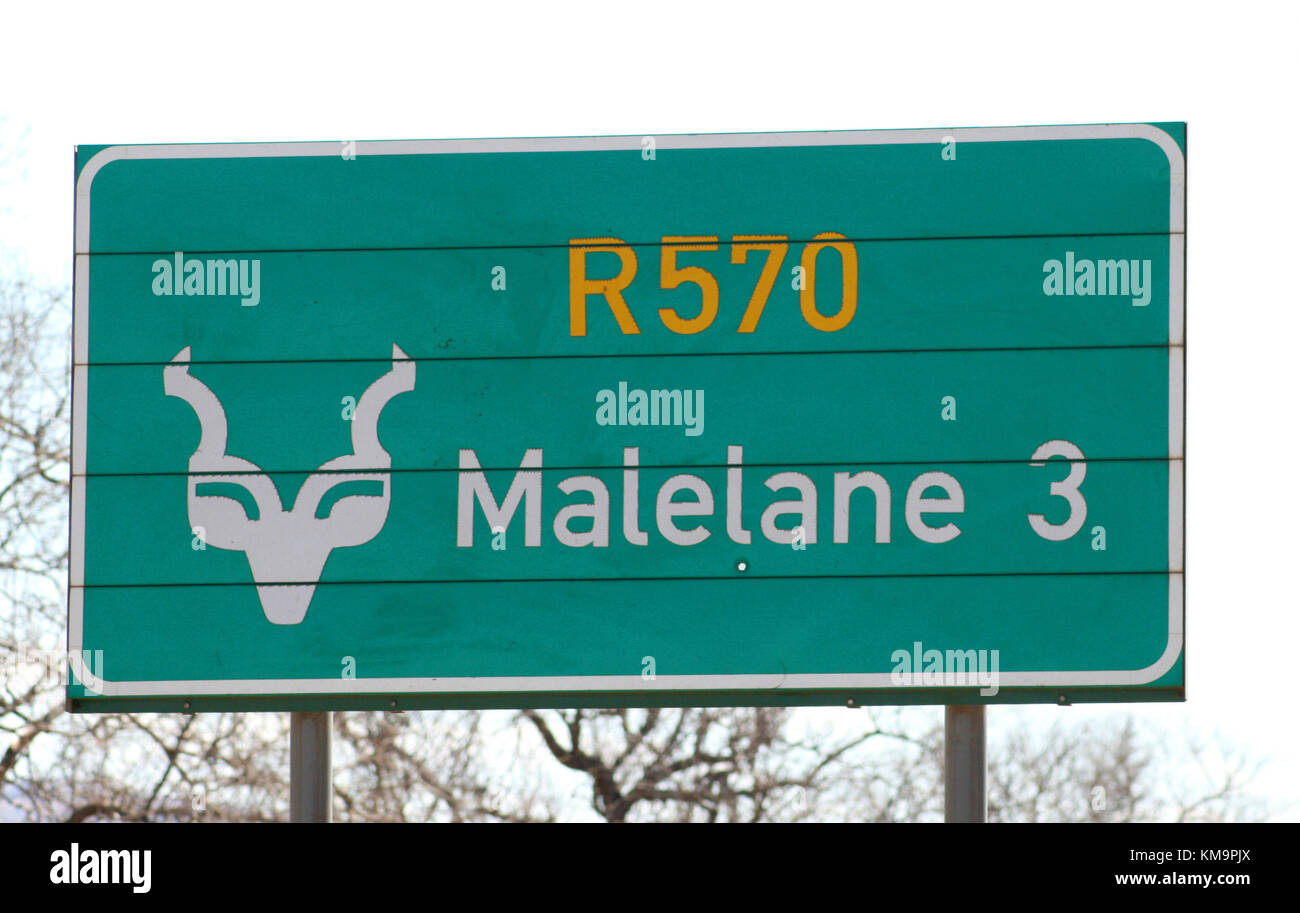 Kruger National Park, Mpumalanga, Schild zeigt Richtung Malelane 3 Stockfoto