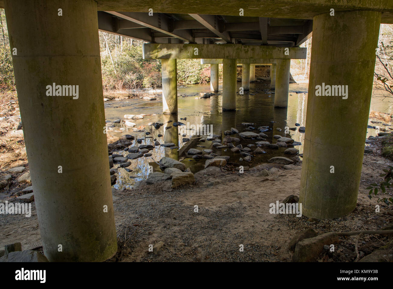 Fluss und Trail unter einer Brücke Stockfoto
