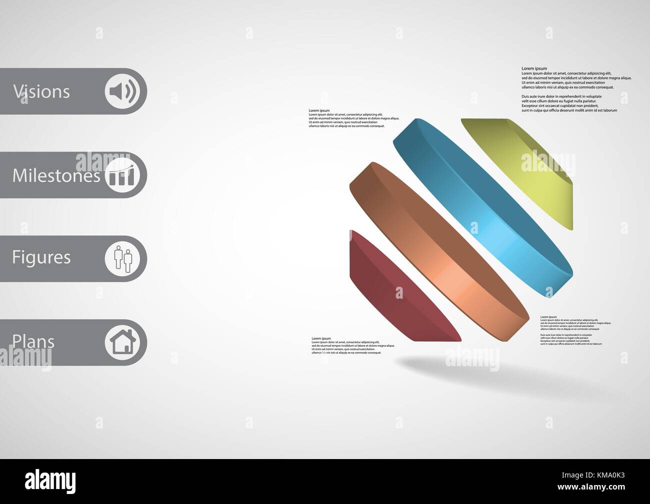 3D-Illustration Infografik Vorlage mit dem Motiv des gedreht Octagon zu vier Farbe Teile schief mit einfachen Zeichen und Mustertext auf Seite angeordneten unterteilt Stock Vektor