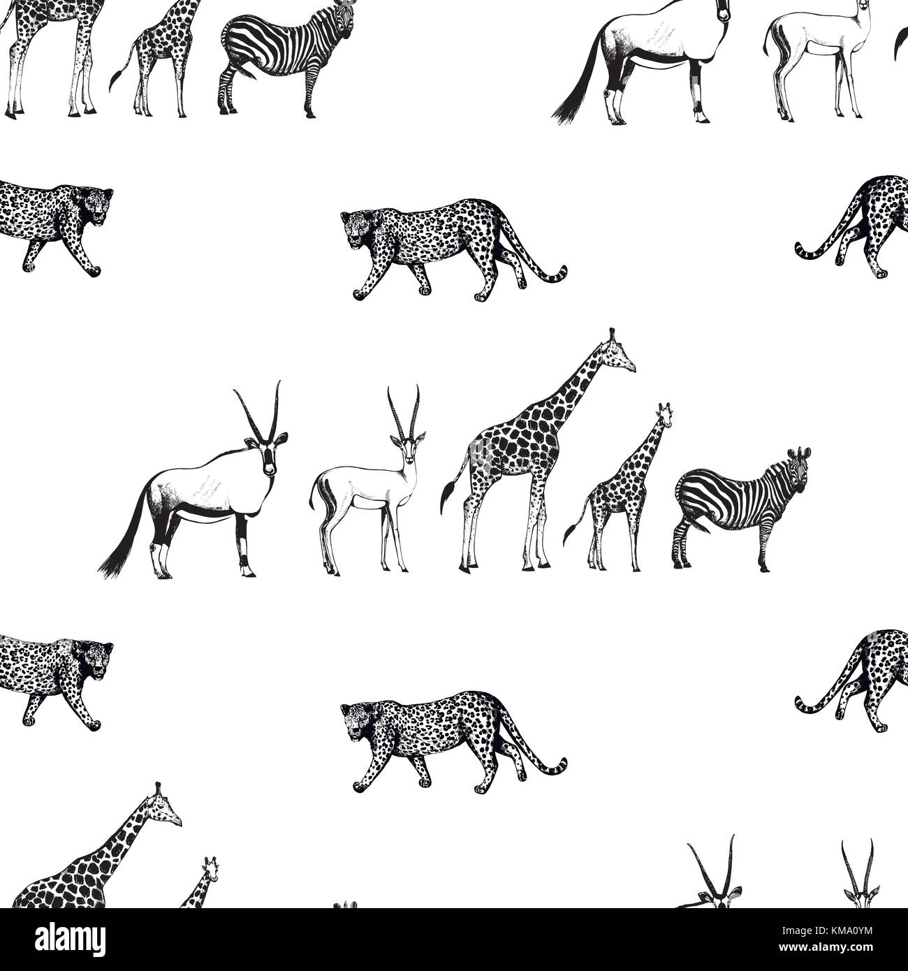 Nahtlose Muster von Hand gezeichnete Skizze stil Oryx, Gazellen, Giraffen, Zebras und Leopard. Vector Illustration auf weißem Hintergrund. Stock Vektor