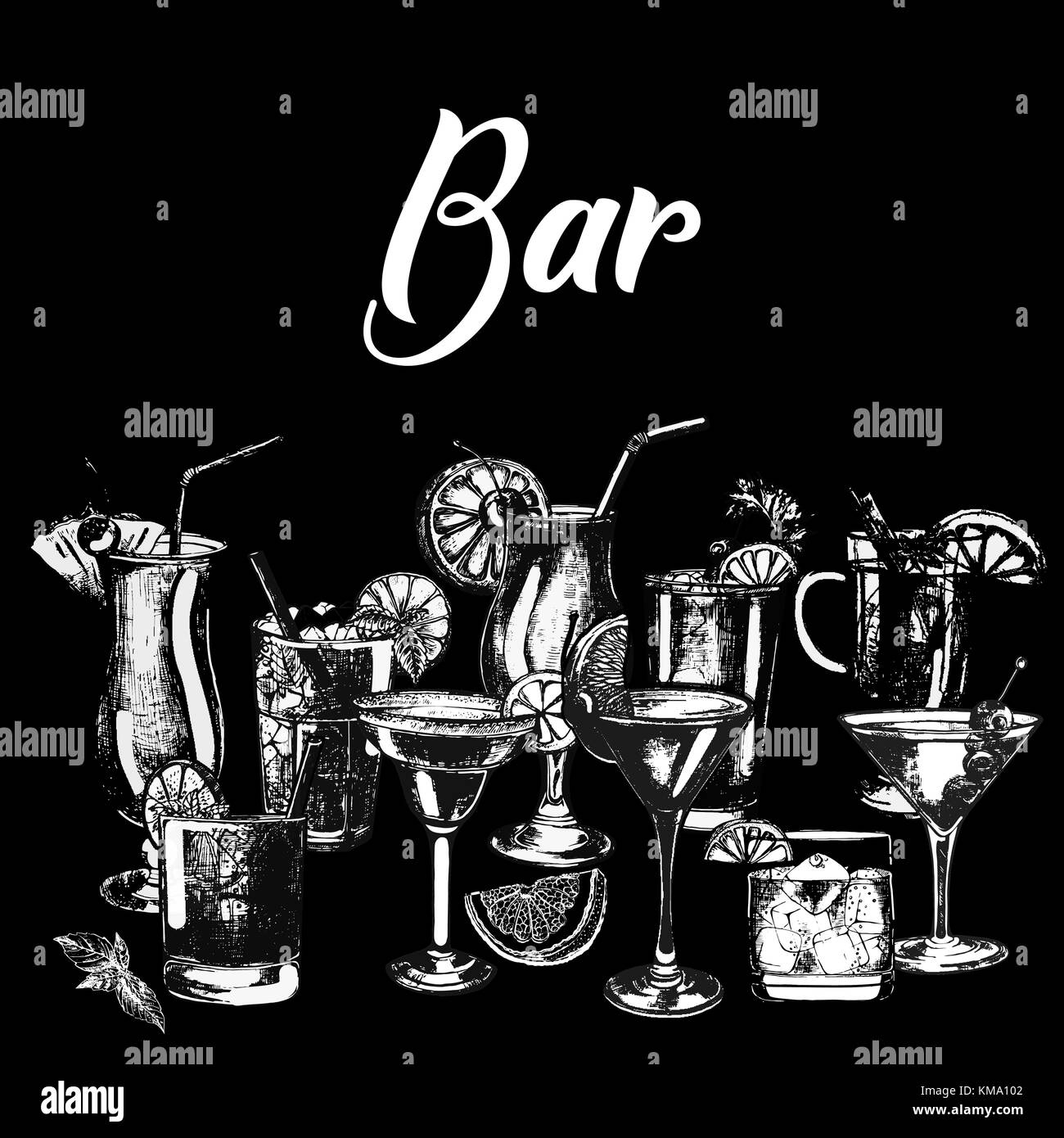 Satz von Hand gezeichnete Skizze Stil alkoholische Getränke. Vector Illustration auf schwarzen Hintergrund isoliert. Stock Vektor