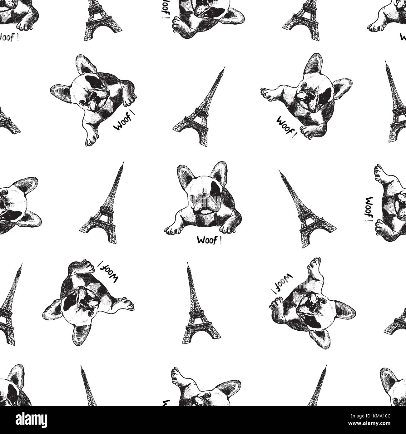 Nahtlose Muster von Hand gezeichnete Skizze stil Eiffelturm und Französische Bulldogge. Vector Illustration auf weißem Hintergrund. Stock Vektor