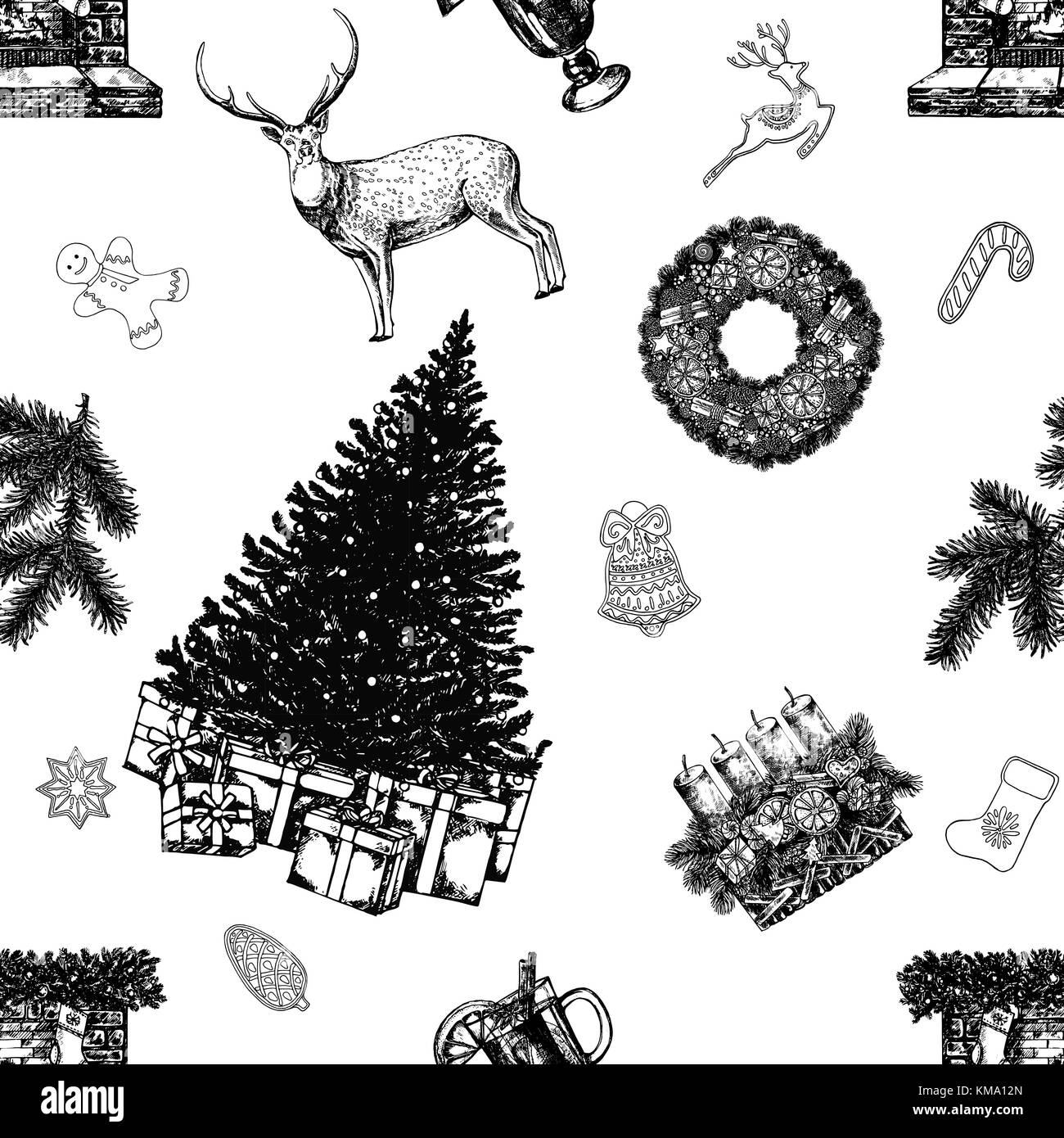 Nahtlose Muster von Hand gezeichnete Skizze stil Weihnachten und neues Jahr thematische Objekte und Elemente. Vector Illustration auf weißem Hintergrund. Stock Vektor