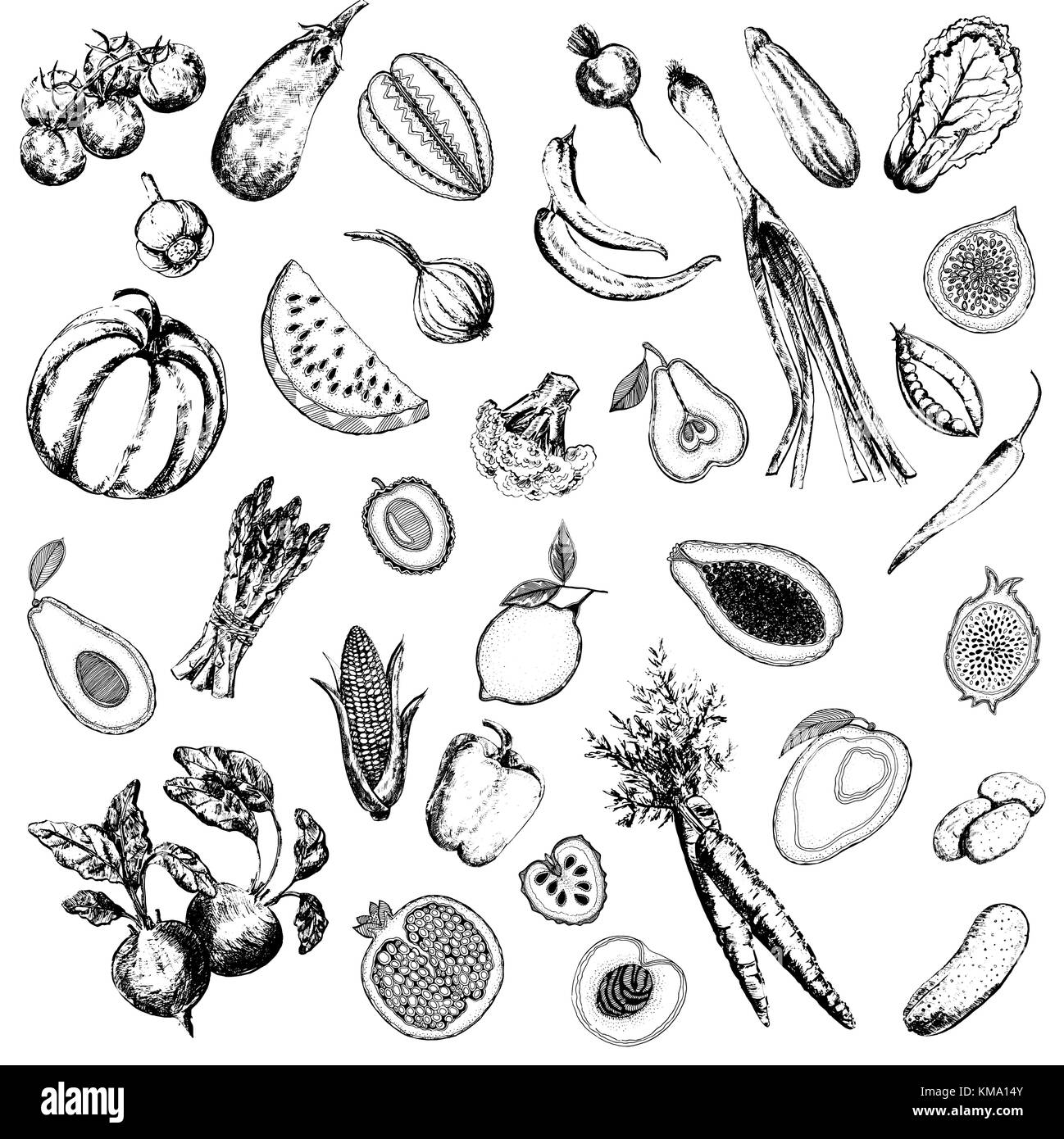 Satz von Hand gezeichnete Skizze stil Obst und Gemüse. Vector Illustration auf weißem Hintergrund. Stock Vektor