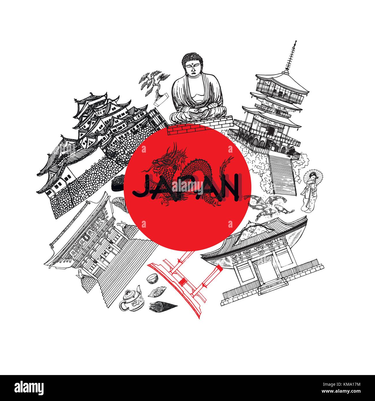 Satz von Hand gezeichnete Skizze Stil japanische thematische Objekte. Vector Illustration auf weißem Hintergrund. Stock Vektor