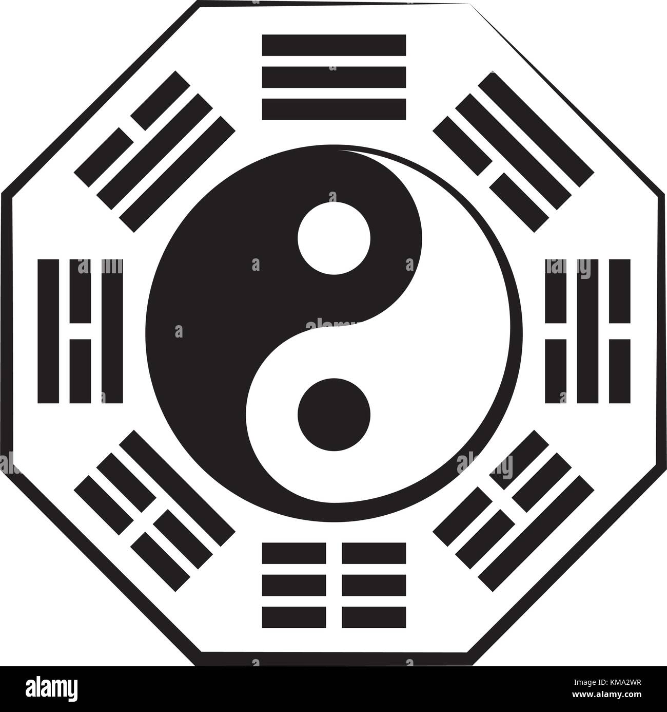 Yin-Yang und Ba-gua. Chinesisches kosmisches Symbol der Dualität und der Einheit der Gegensätze, umgeben von Hieroglyphen der acht Elemente der Natur. Stock Vektor