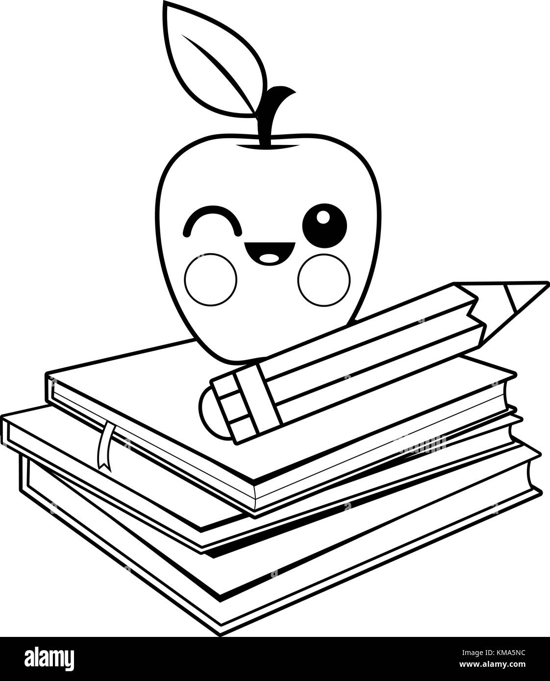 Ein Stapel Bücher, ein Apfel und ein Bleistift. Schulklasse mit Büchern und einem Cartoon-Apfel. Ausbildung für Studenten. Vektor-Schwarzweiß-Farbseite. Stock Vektor
