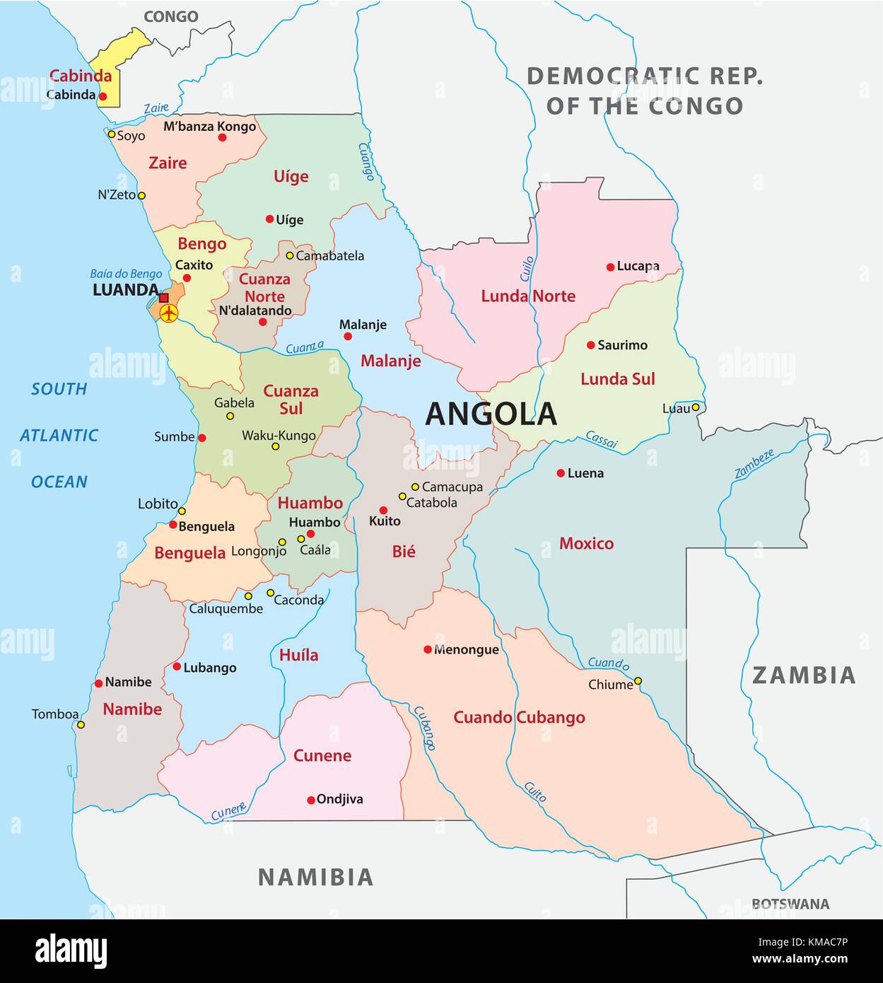 Angola administrative und politische Vektorkarte Stock Vektor