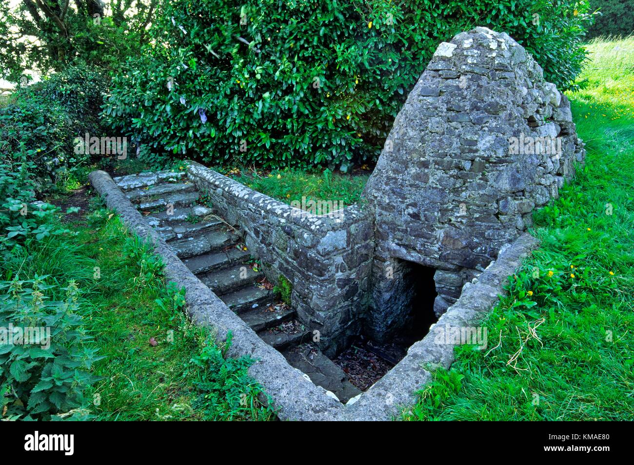St. Brigid's Well with clootie tree behind in the ancient Celtic Christian church site on Faughart Hill, County Louth, Ireland. Stockfoto