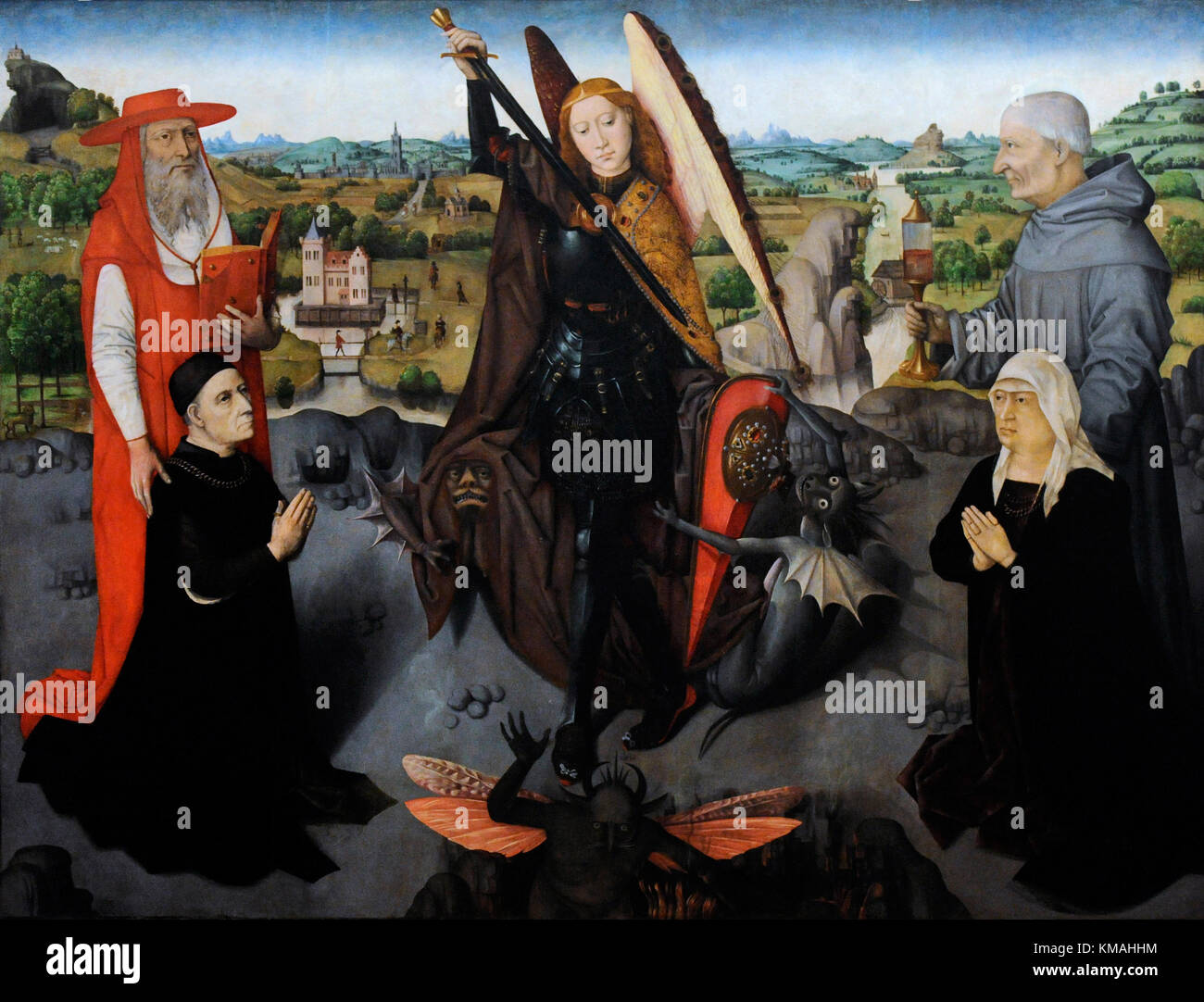 Unbekannte neapolitanische Maler. Erzengels Michael mit dem hl. Hieronymus und hl. Jakobus der Märsche und zwei Spender, um 1490-1500. bourbon Collection. National Museum von Capodimonte. Neapel. Italien. Stockfoto