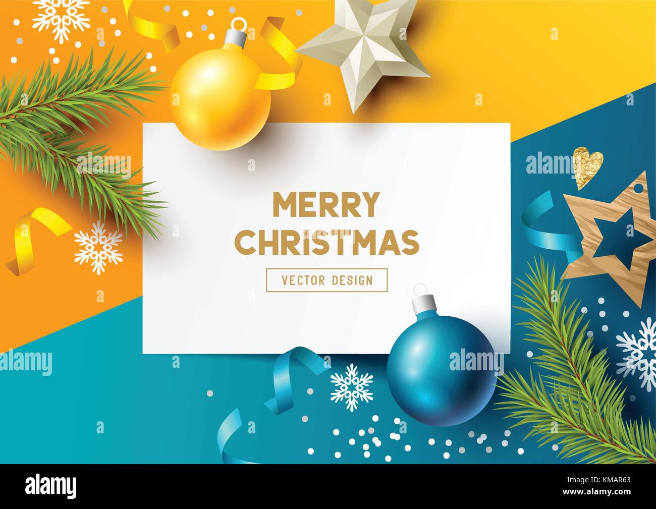 Frohe Weihnachten Komposition mit Tannenzweigen, Christbaumkugeln und Schneeflocken auf einem bunten Abstrakt Hintergrund. top view Vector Illustration. Stock Vektor