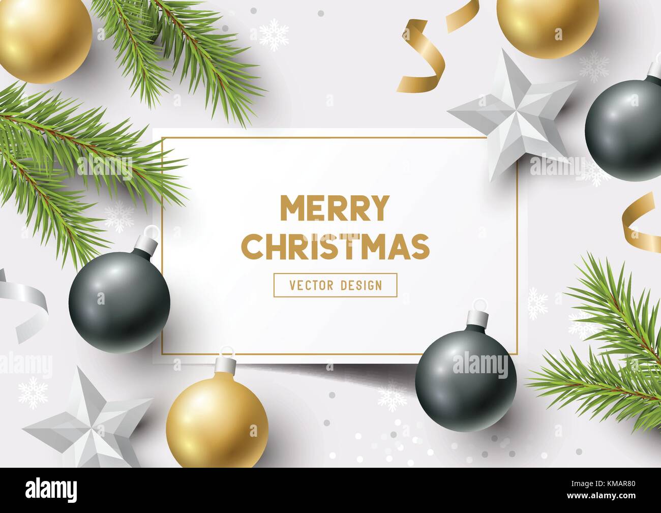 Weihnachten Komposition mit Tannenzweigen, Christbaumkugeln und Schneeflocken auf einem bunten Abstrakt Hintergrund. top view Vector Illustration. Stock Vektor