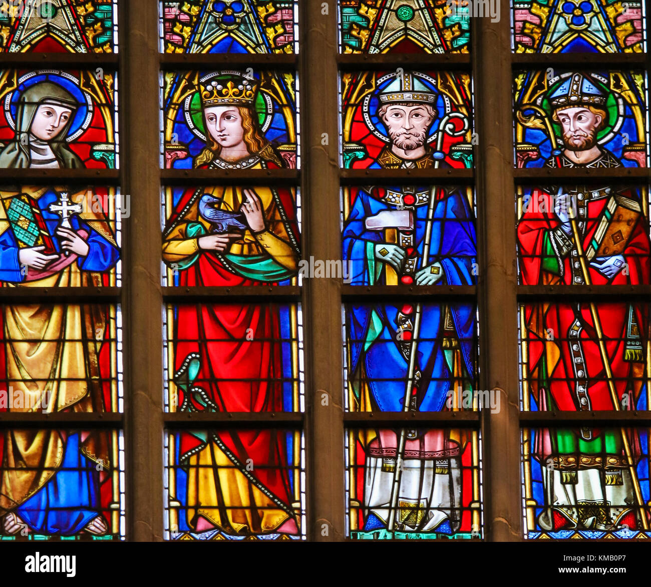 Glasfenster in der Kathedrale von St.-Bavo-Kathedrale in Gent, Flandern, Belgien, Darstellung von katholischen Heiligen Stockfoto