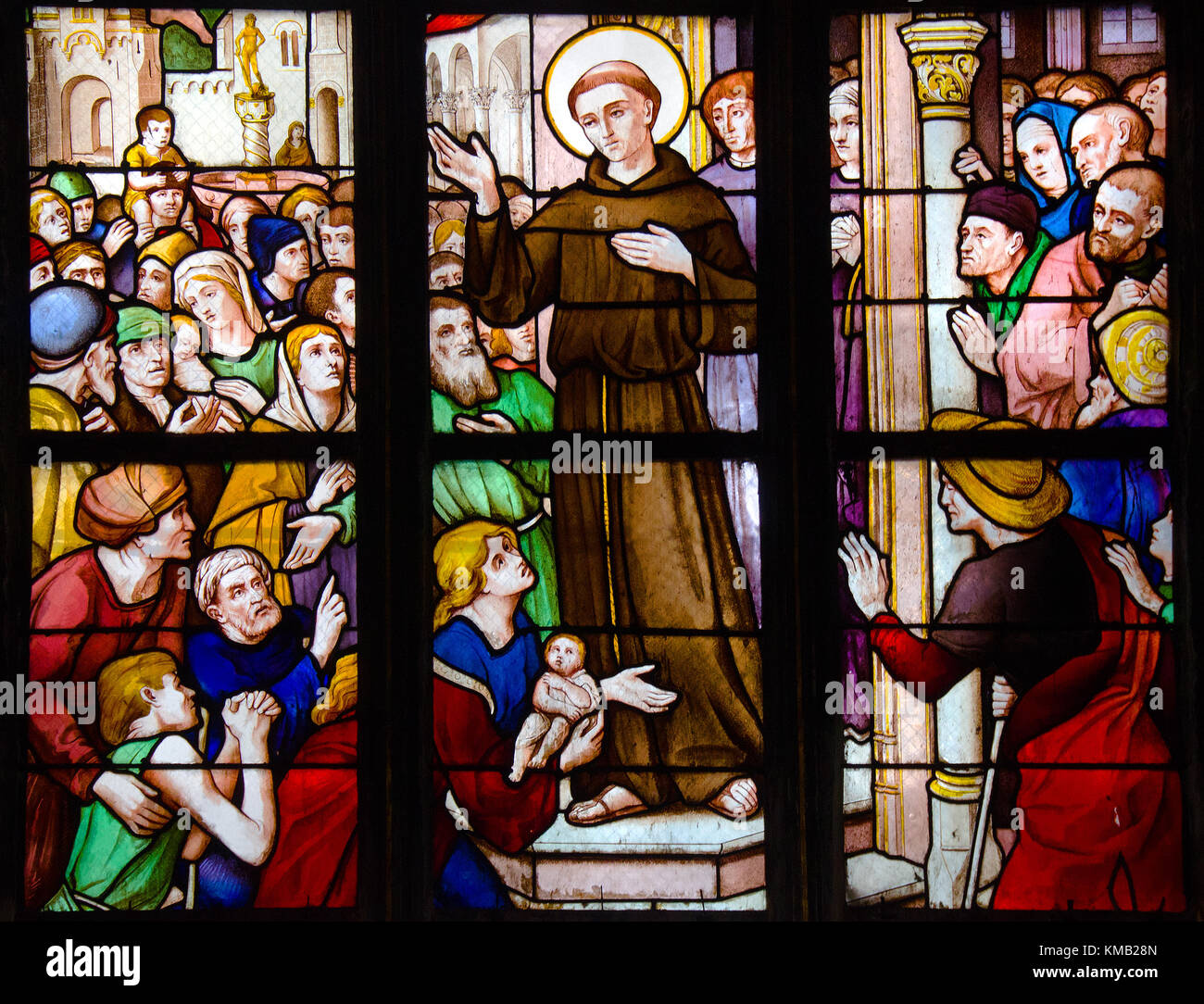 Paris, Frankreich. Kirche Saint-Merri (1550), Rue Saint Martin. Glasfenster (1901): "Der Sohn Antonius von Padua predigt gegen Ketzer und ..... Stockfoto