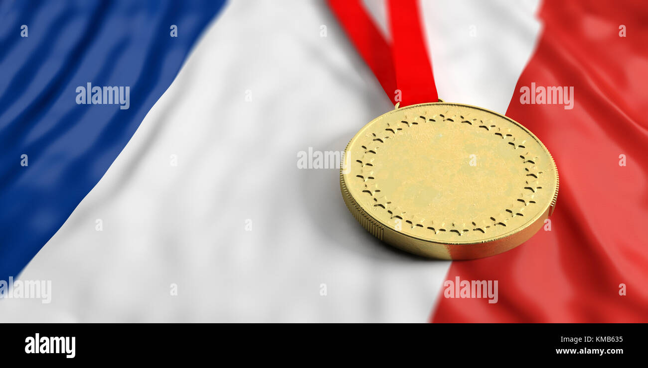 Goldmedaille auf wehende Flagge Frankreich. Horizontale, Vollbild, Detailansicht. 3D-Darstellung Stockfoto