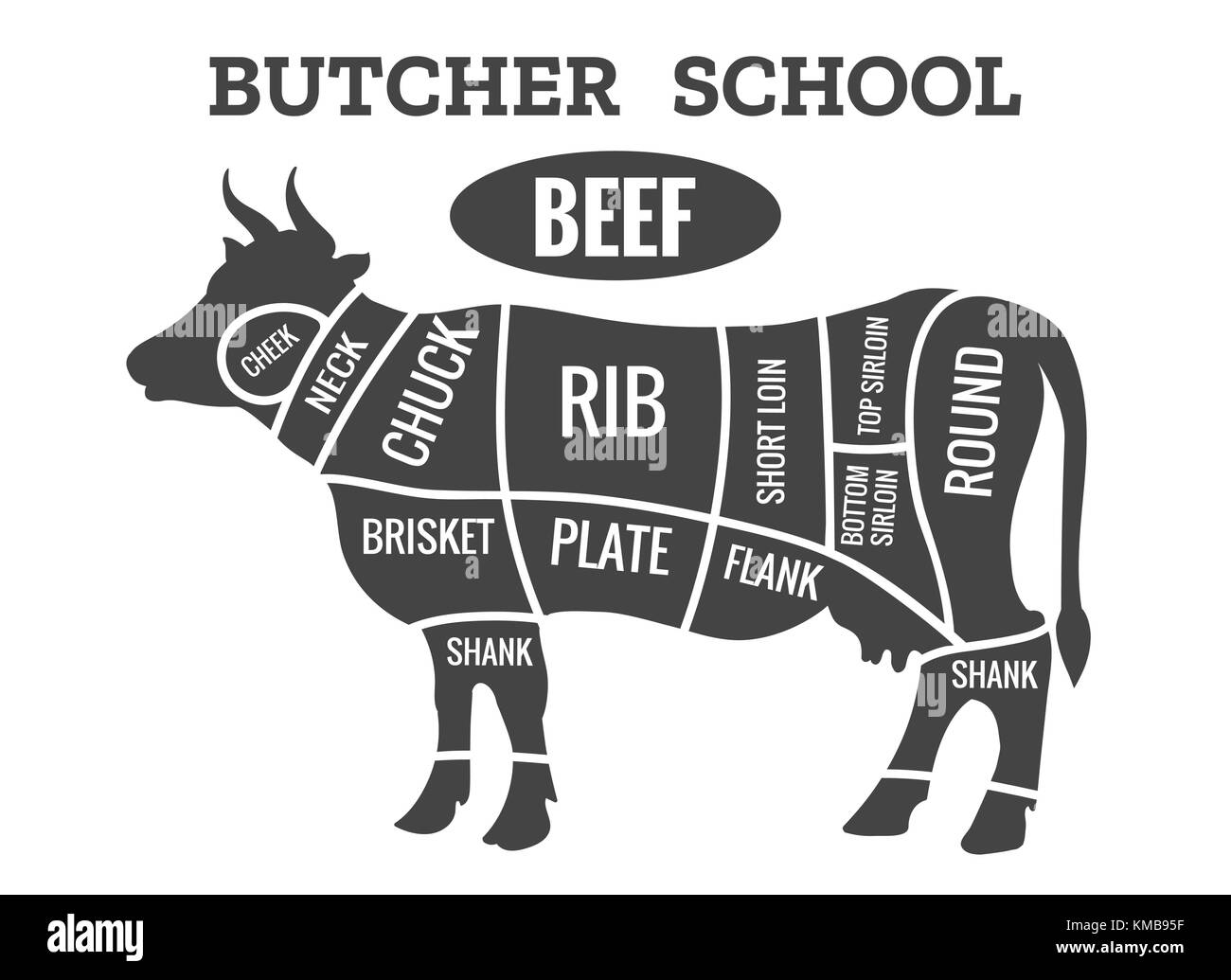 Kuh Schlächter Diagramm. schneiden Rindfleisch oder Steak Schnitte Diagramm Diagramm für Restaurant poster Vector Illustration Stock Vektor