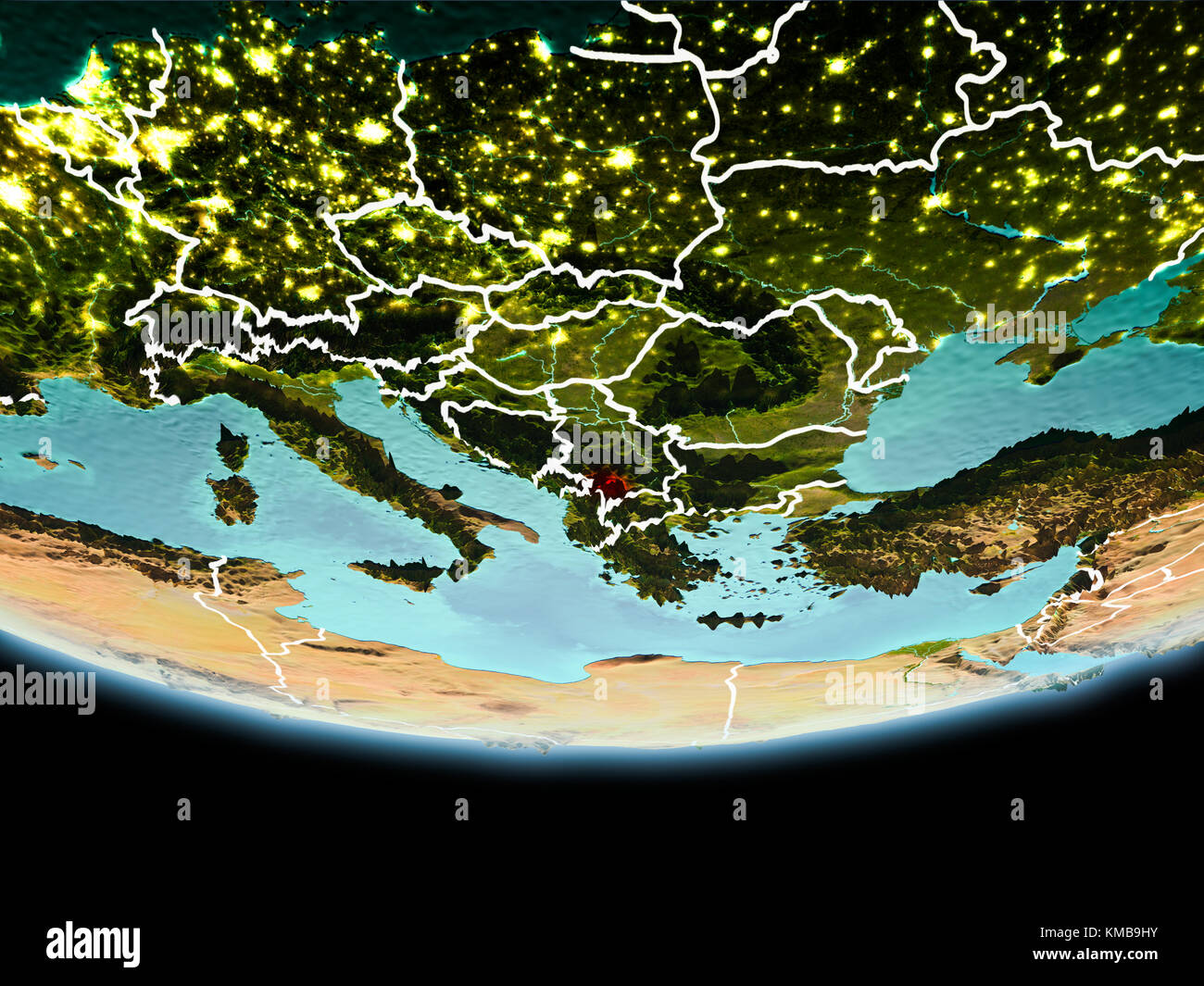 Land des Kosovo in Rot auf dem Erde am Abend mit sichtbaren