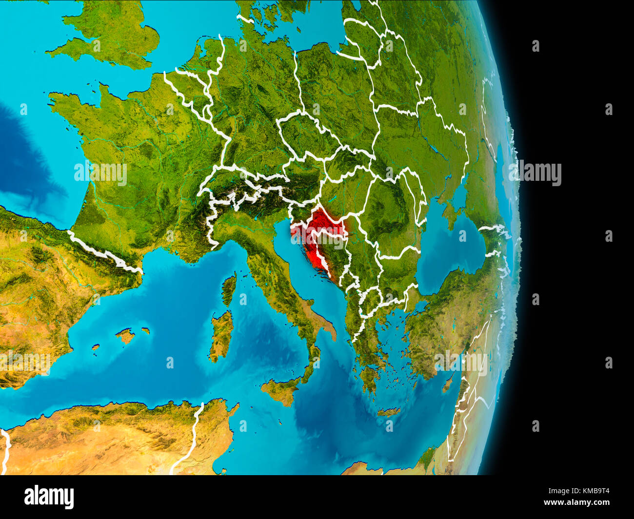 Kroatien in Rot auf dem Erde mit sichtbaren Grenzlinien. 3DAbbildung. Elemente dieses