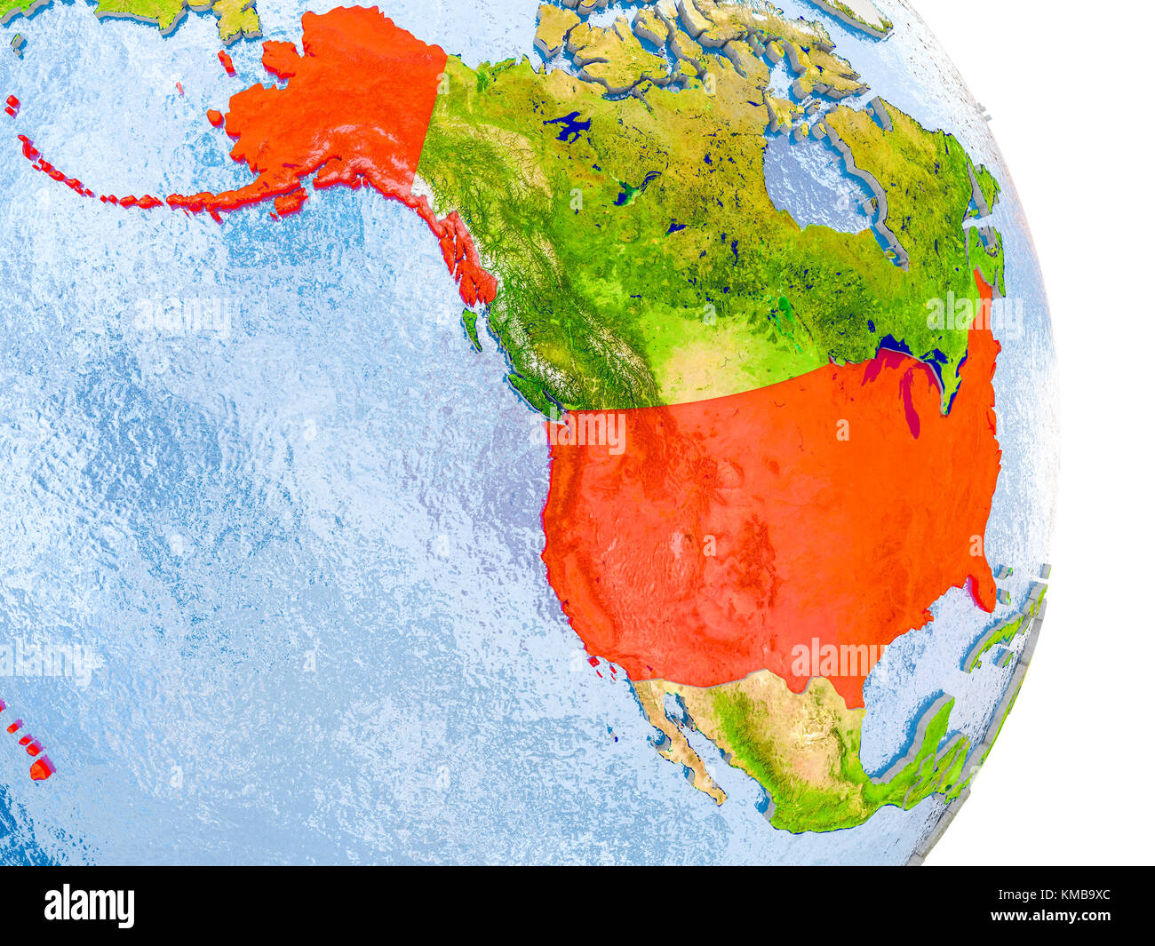 USA in Rot auf Modell des Globus mit geprägten Ländern und realistischem Wasser. 3D-Abbildung. Elemente dieses Bildes, bereitgestellt von der NASA. Stockfoto