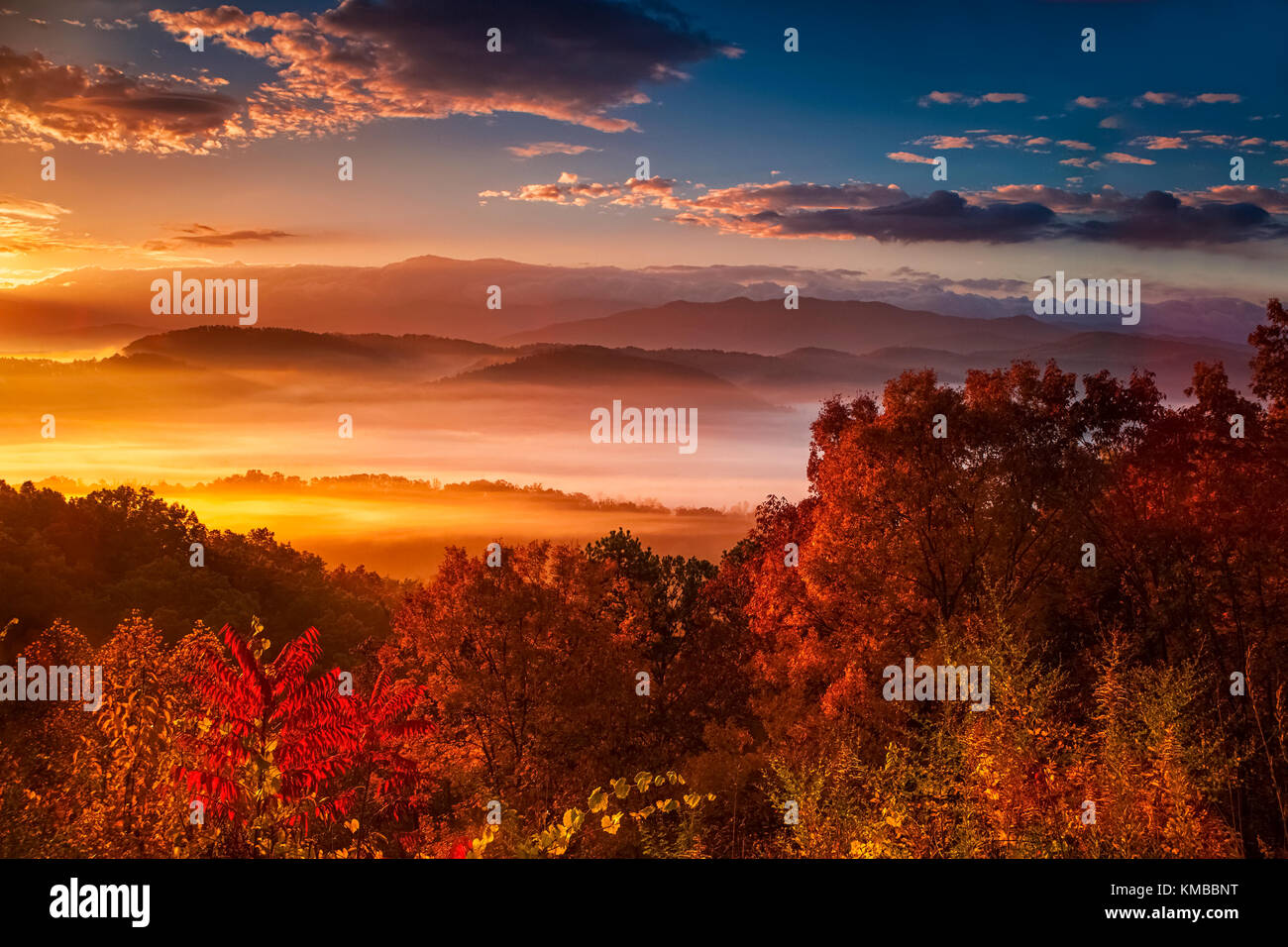 Farben für ein brillantes Sonnenaufgang über dem Nebel eingehüllte Berge und Bergrücken des Great Smoky Mountain ab dem Foothills Parkway West gesehen Stockfoto