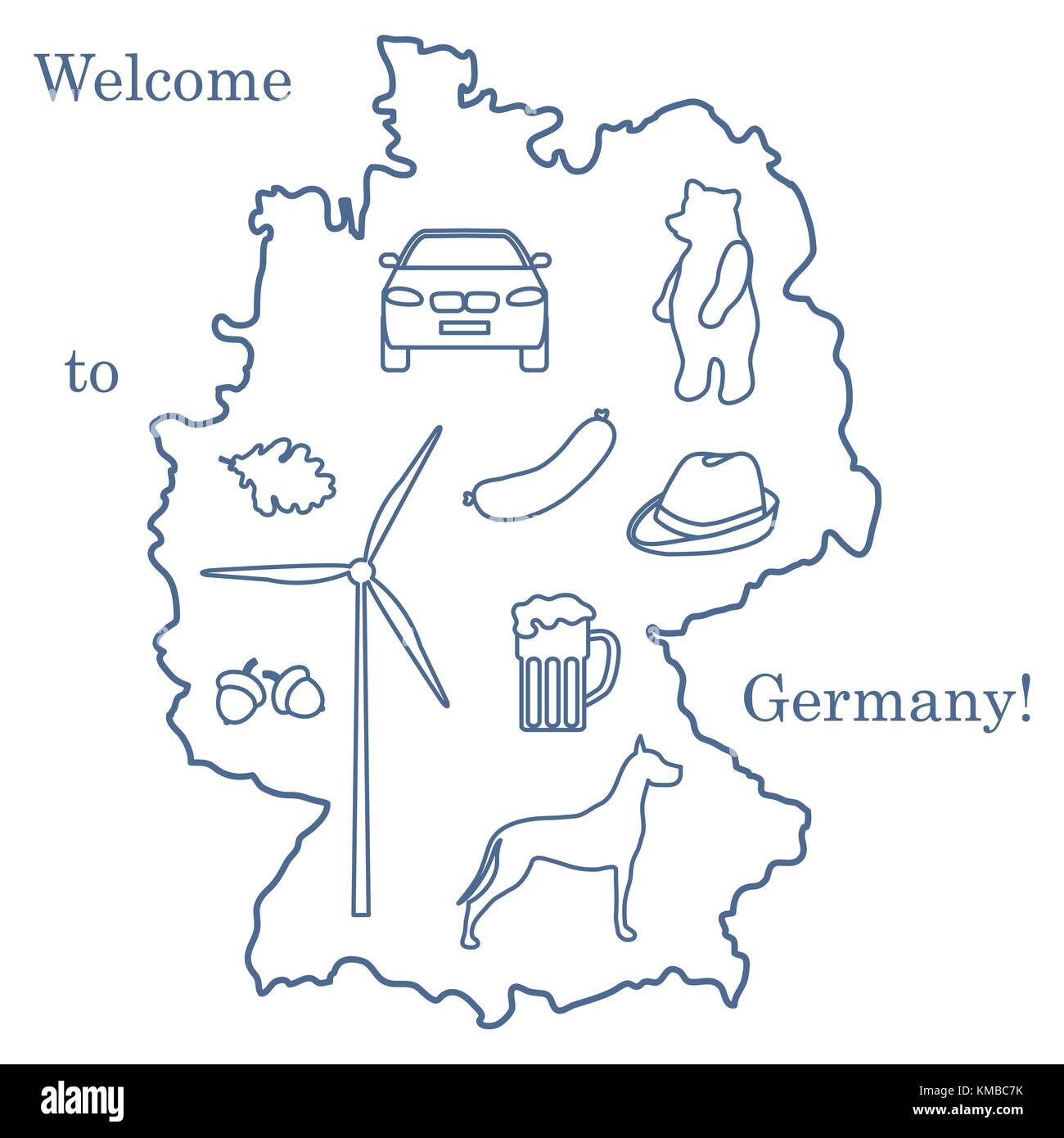 Vector Illustration mit verschiedenen Symbolen in Deutschland. Reisen und Freizeit. Design für Banner, Poster oder Drucken. Stock Vektor