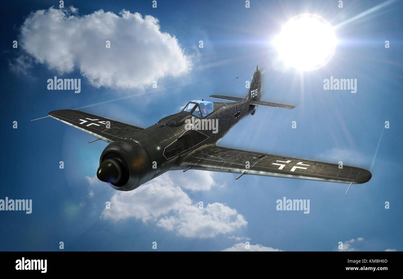 Ein deutscher Focke Wulf 190 D Bild wurde für Nationale Luft- und Raumfahrt Intelligence Center ausländische Materiel Ausbeutung Ribbon Cutting" an der Wright-Patterson Air Force Base, Ohio, Okt. 20, 2017 erstellt. Das Gebäude wurde nach den US-Army Air Force Pilot, 1 Lt William Vernon Haynes, der stürzte und starb in der Linie der Aufgabe beim Schleudern einen Deutschen Focke Wulf 190 D am 22. September 1945 ernannt. Haynes Hall, den neuen FME-Gebäude, wird der Platz im Labor, sodass NASIC ihre ausländische materielle Ausbeutung Mission auszuführen. Die gesamte Präsentation ist ein 3D-gerenderte Szene in der Newtek Lightwave erstellt Stockfoto