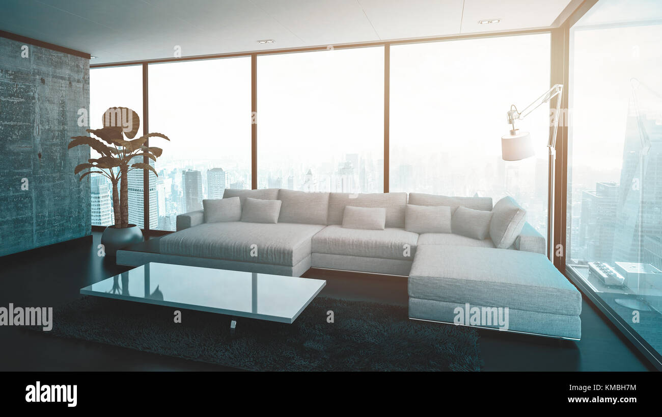 Leere Geraumiges Wohnzimmer Mit Modularen Sofa Lampe Tisch Und Grosse Anlage 3d Rendering Stockfoto Bild 167441448 Alamy