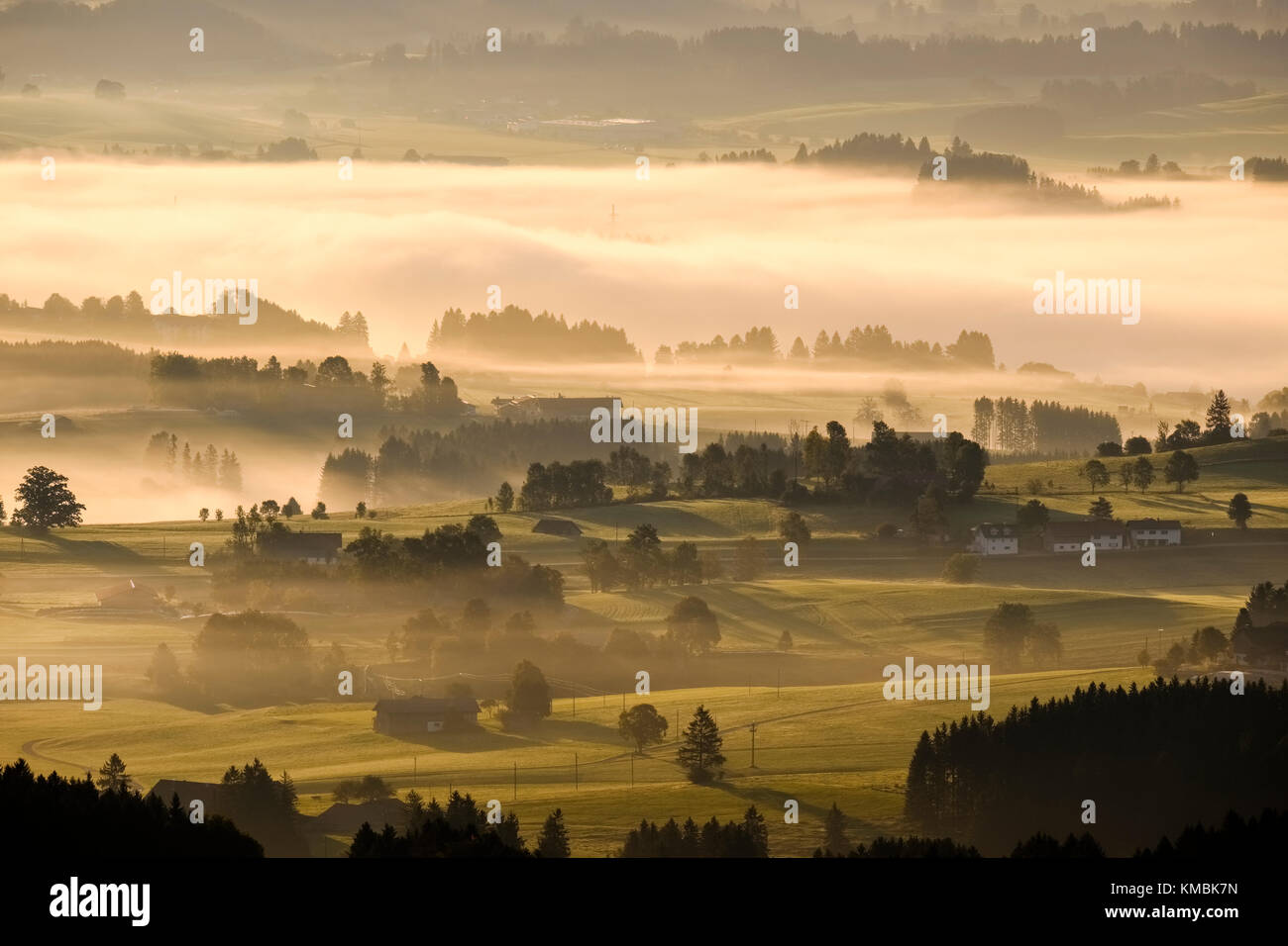 Morgennebel über das Lechtal, Blick vom Auerberg in der Nähe von Bernbeuren, Allgäu, Oberbayern, Bayern, Deutschland Stockfoto